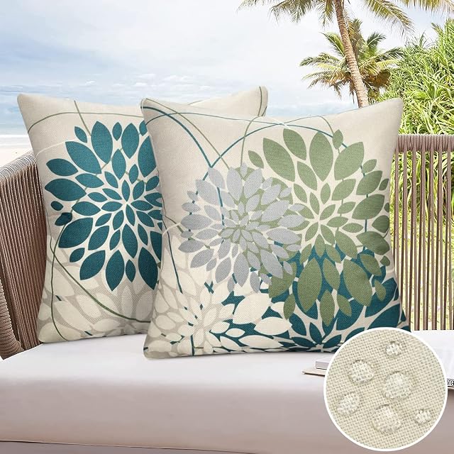 Waterproof Cushion Cover 45 X 45 Blue Green Throw Pillow Cover Abstract Cushions Outdoor Pillow Case 18X18 Decorative Cover Mondern Farmhouse Cushion Cover for Livingroom Garden Set of 2
