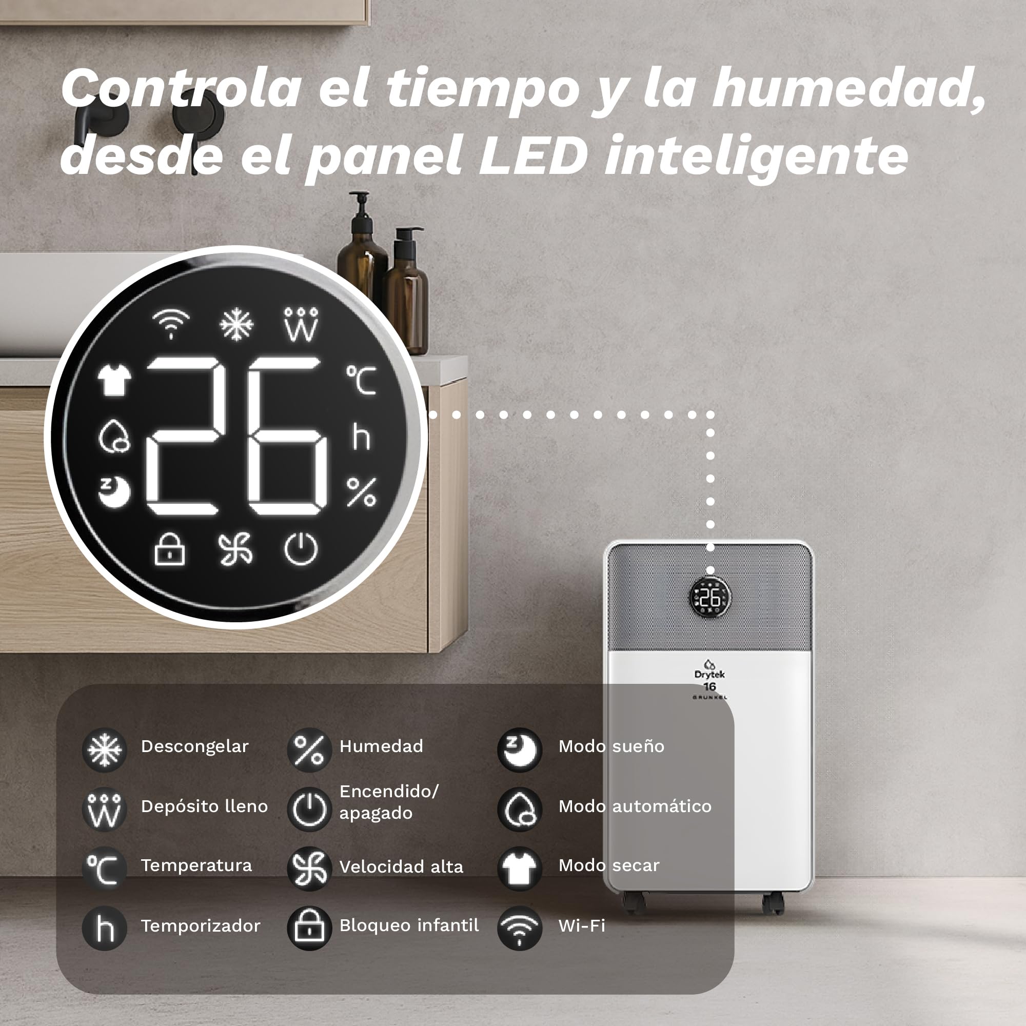 Grunkel Drytek Deshumidificador portátil 10L/día con WiFi y app, drenaje continuo, panel táctil, 100m³/h, depósito 2L, 240W bajo consumo, silencioso 42dB y temporizador 24h (16L/día)