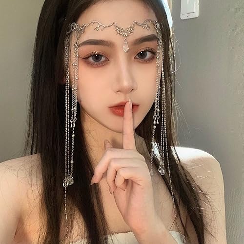 Miniatura 2 de E EMZHOLE Diadema de estilo étnico con cuentas, cadena de pelo de hada para la frente, diadema de cristal, cortina facial, accesorios para el