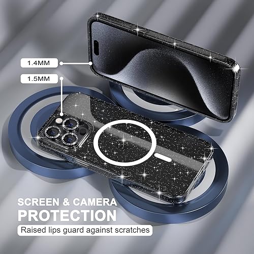 Miniatura 4 de Choiche Funda magnética para iPhone 15 Pro Max, funda transparente con purpurina brillante para mujer, 3 protectores de lente de cámara con