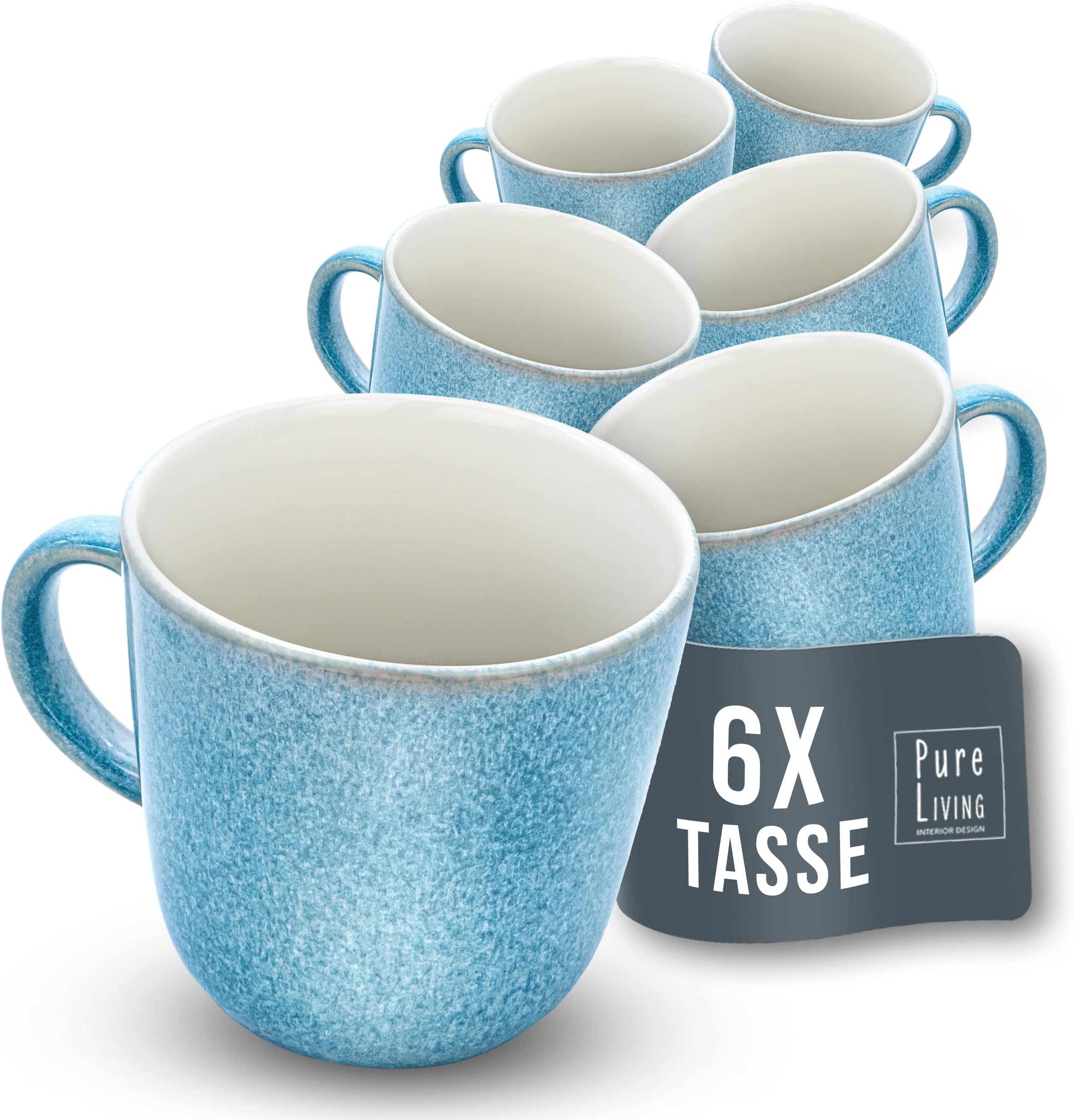 PURE LIVING INTERIOR DESIGN Coffee Cups Set of 6 Ibiza - Premium Stoneware Mugs, Dishwasher and Microwave Safe, Scratch-Resistant - Stylish Tea and Coffee Mug Set - Tableware in Beige and Blue