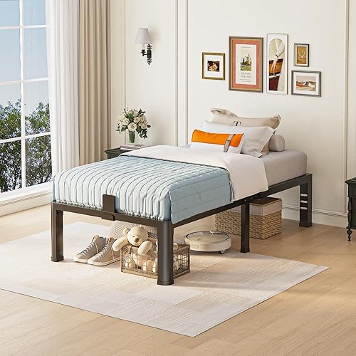 Miniatura 2 de Base de cama individual de 14 pulgadas con patas de esquinas redondeadas y agujeros para cabecero, con tope deslizante para colchón, soporte