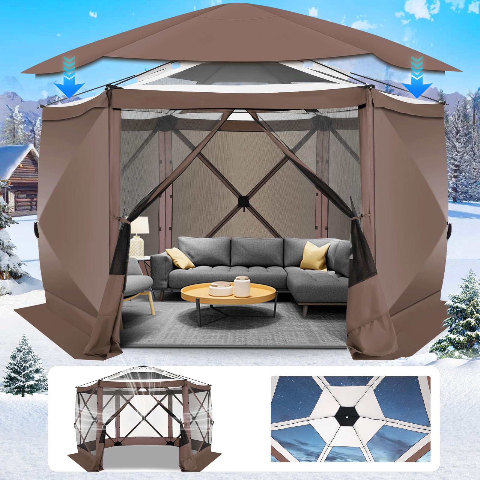 COBIZI 12x12FT Pop Up Gazebo Screen Tent Screen House for Camping, Screen Room with Mosquito Netting, Hub Tent Instant Screened Canopy with Carrying Bag and Ground Stakes, Brown