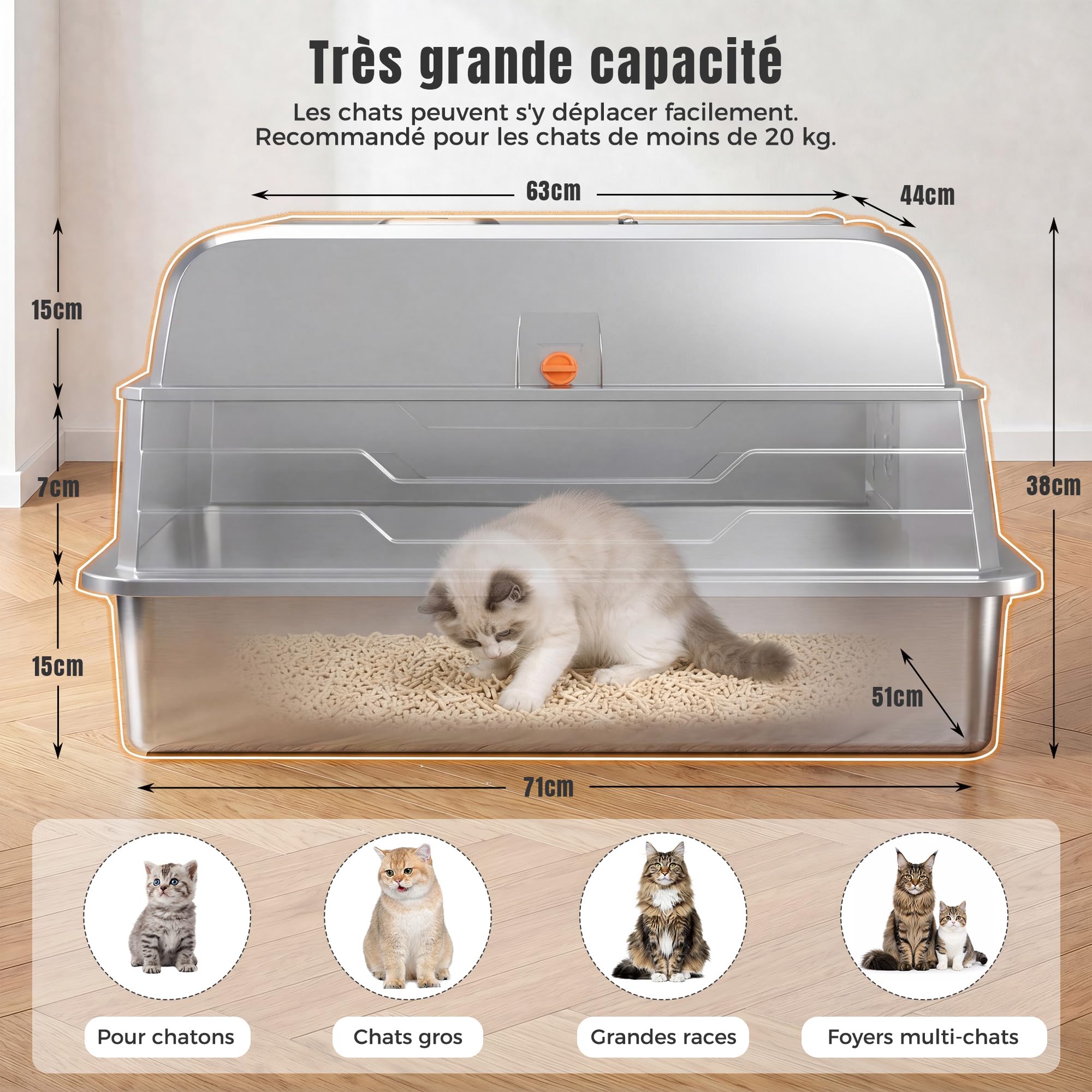 JUMMICO Bac A Litiere pour Chat XXXL, 120L Bac Litiere pour Chat – 3 en 1 (Ouvert/Semi-Fermé/Fermé), Couvercle Ouvert À 150°, Anti-Rayures, Anti-Fuites, Facile À Nettoyer, Plateau Anti-Sable