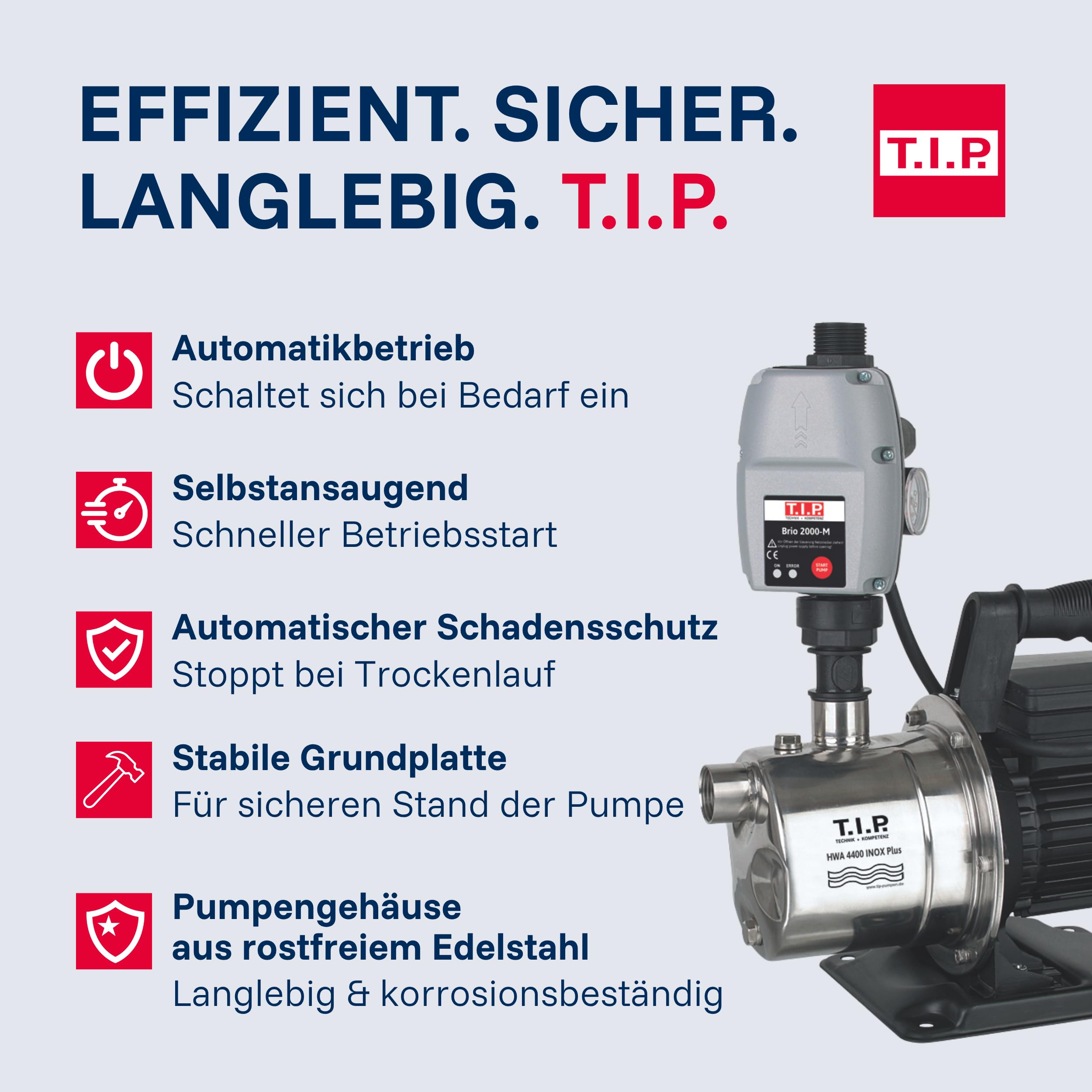 T.I.P. Edelstahl Hauswasserautomat - 4250 l/h Kapazität, 44 m Förderhöhe, 900 W Power, Automatiksteuerung - Ideal für druckabhängige Wasserversorgung, HWA 4400 INOX, 31192