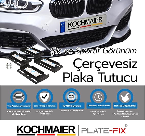Plate-Fix Çerçevesiz Takmatik Araç Plakalık Seti - Yeni Nesil Görünmez Plaka Altlığı, Gizli Plaka Sabitleme Aparatı (2 Adet - Set Ön ve Arka)
