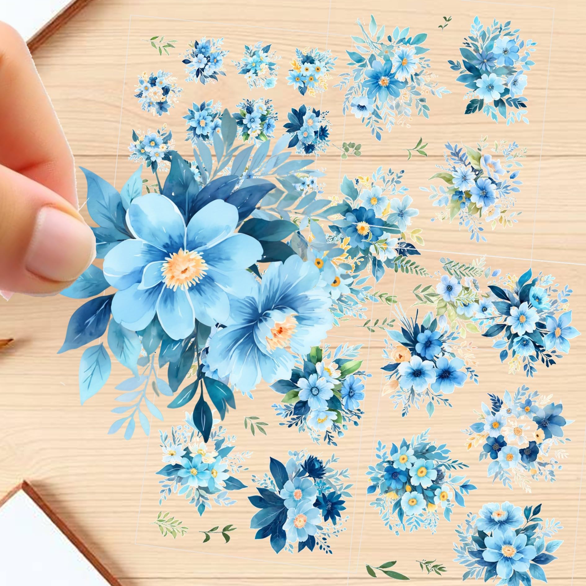 rukis Watercolor Flower Stickers - Light Blue Colored Self Adhesive Large Sized Floral Stickers - 58 Pcs (The Ocean's Whispers)-image-36