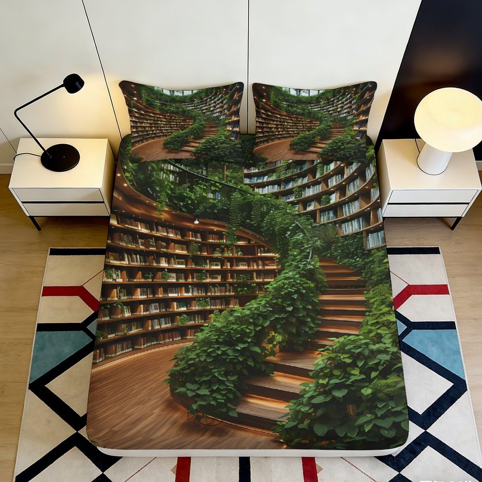 3D Printed Library Bookshelf Fitted Sheet Microfiber Anti-Slip Green Staircase Mattress Cover for Bedroom Guest Room 200x200x25cm