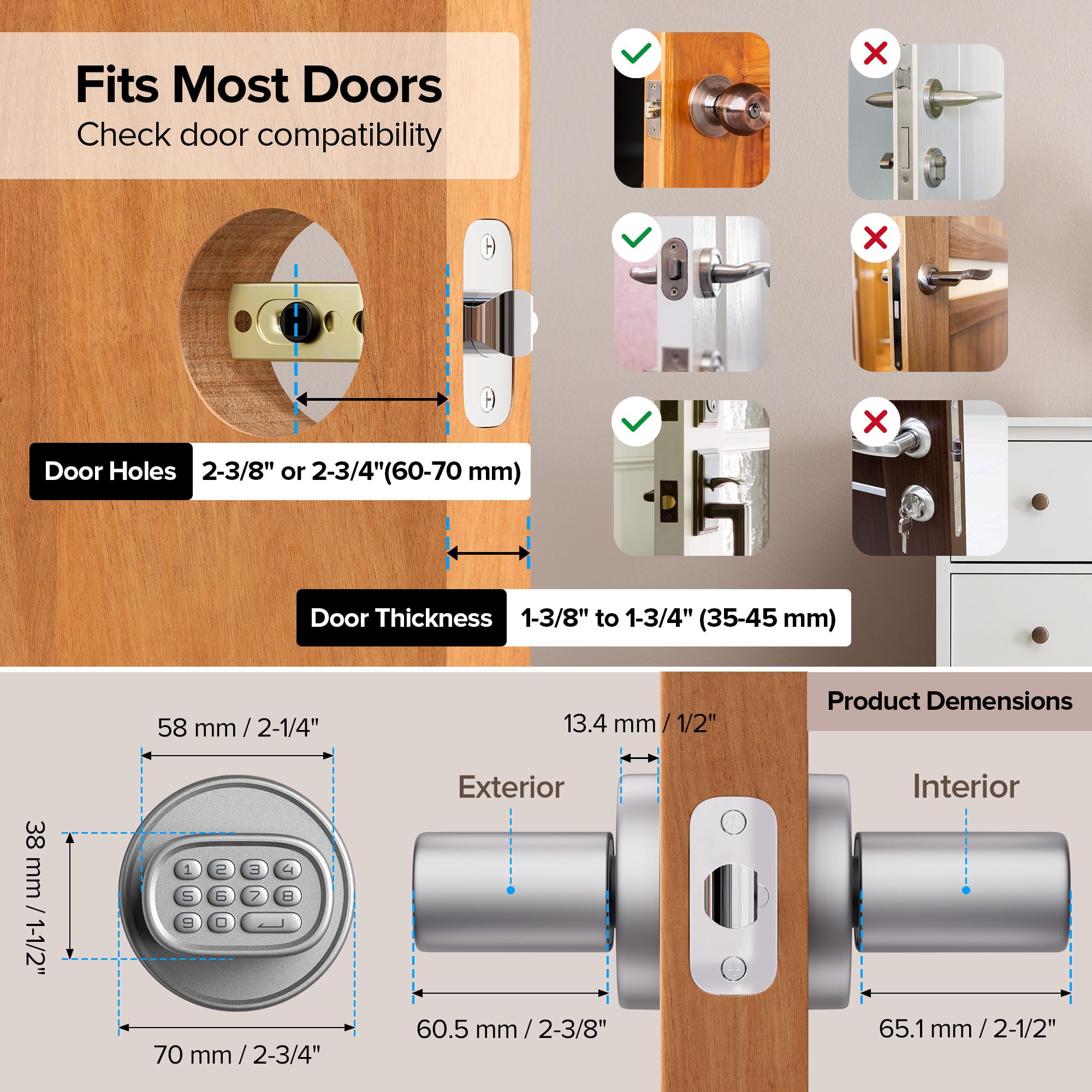 MD1 Keyless Entry Door Lock - Fingerprint & Keypad Biometric Knob With Auto-Lock For Interior Doors
