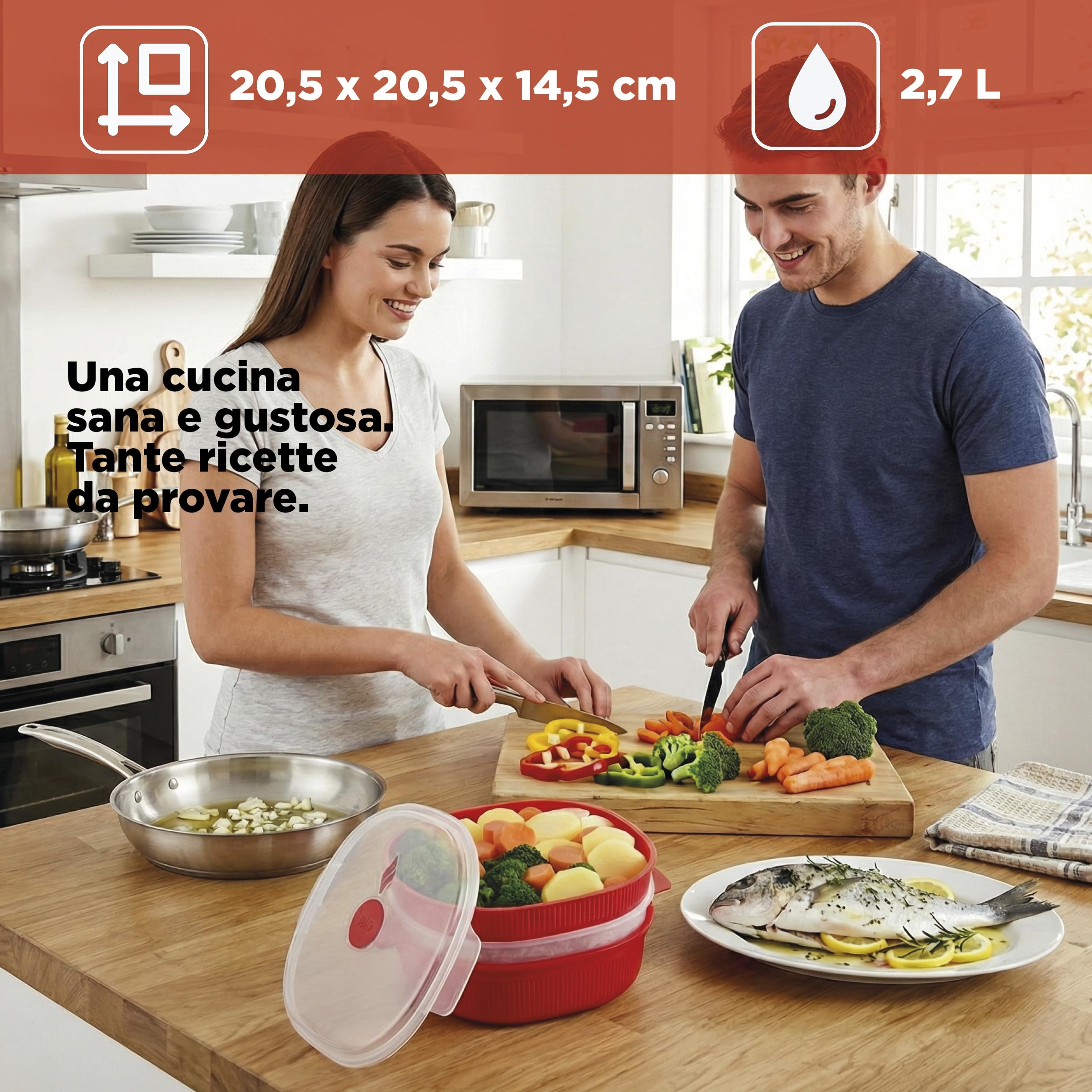 Snips - Vaporiera Microonde Rossa 4L con 2 Vassoi Sovrapponibili per Doppia Cottura a Vapore, Contenitori per Alimenti - Contenitore per Microonde, 26.5x22x13.5 cm, Made in Italy
