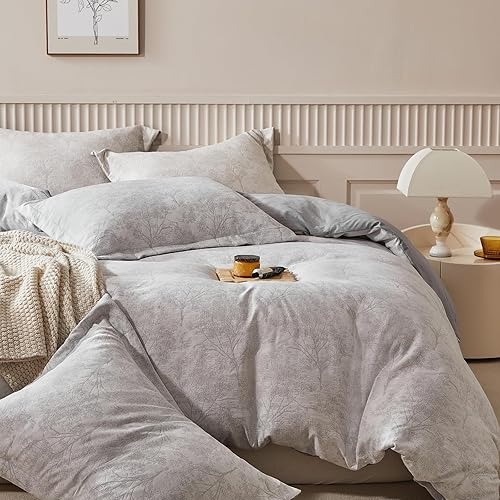 Miniatura 8 de WARMDERN Juego de funda de edredón gris tamaño King, microfibra blanca y gris, diseño botánico con textura de ramas blancas y grises, 3 piezas,