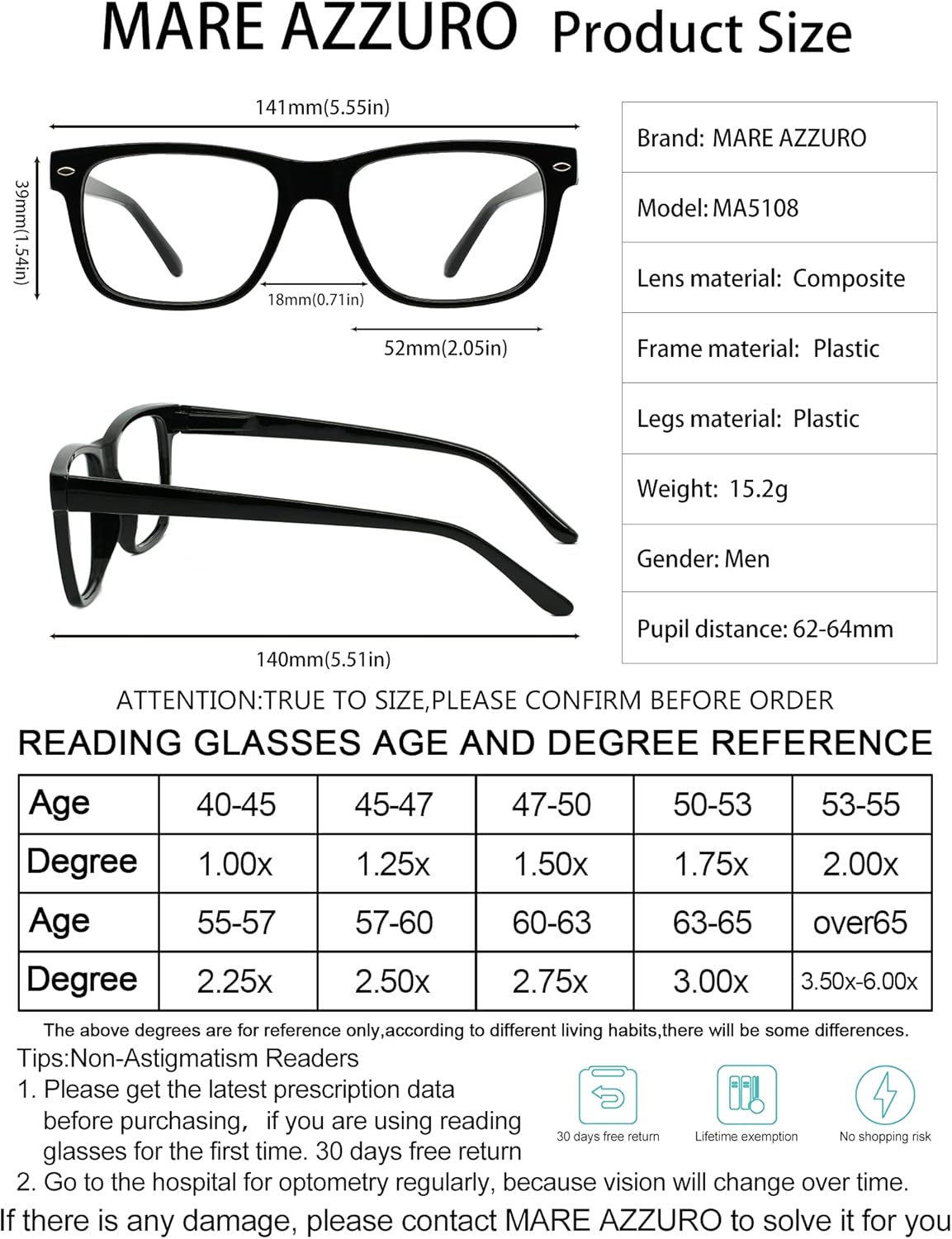 MARE AZZURO Big Frame Reading Glasses Men Square Readers 1.0 1.5 2.0 2.5 3.0 3.5 4.0 5.0 6.0 - Image 5