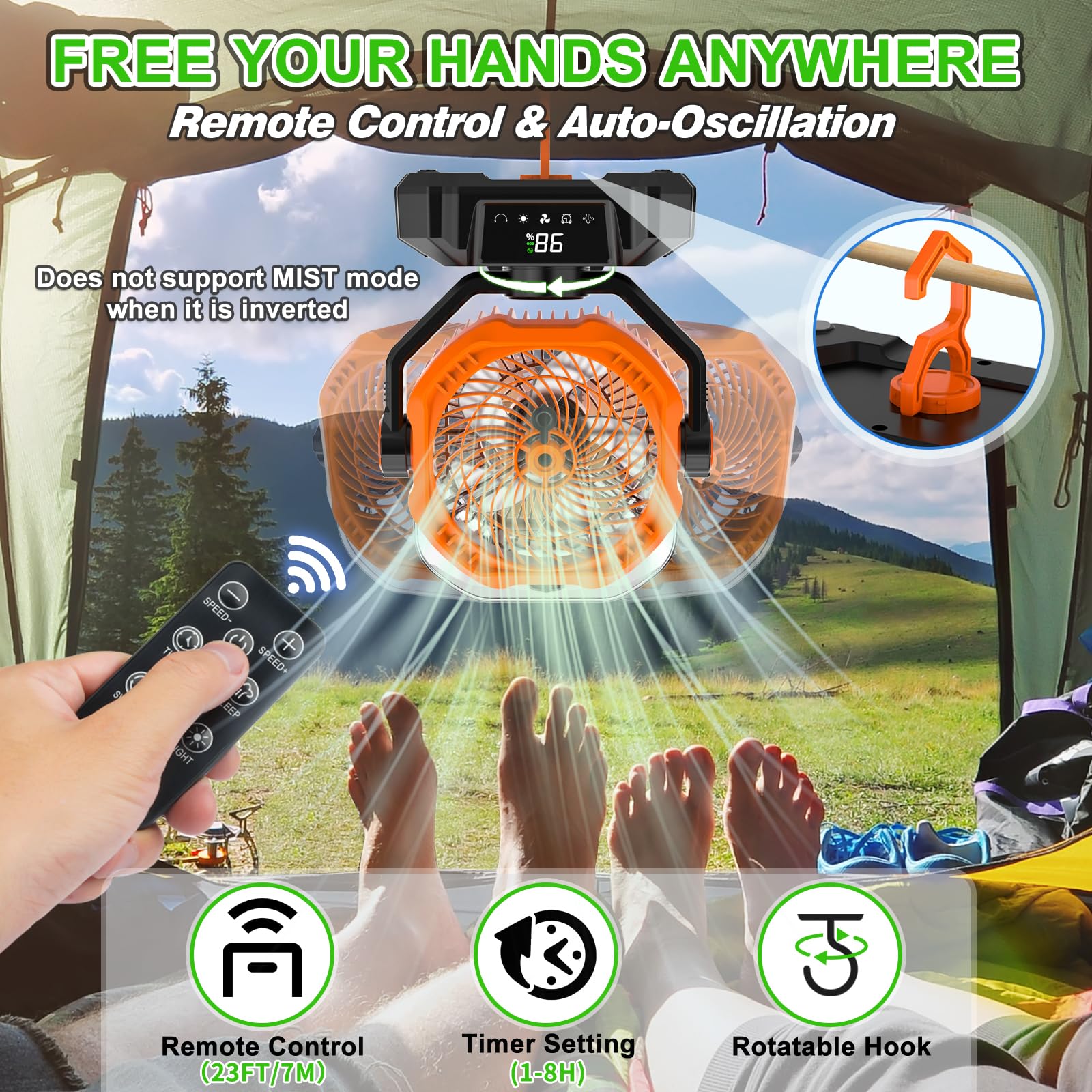 Camping Ventilador con Nebulizador,20000 mAh Recargable Vibración Automática Ventiladors para Tienda de Campaña al Aire Libre con Remoto,Ventilador de Escritorio USB de 5 Velocidades para Pesca,Picnic