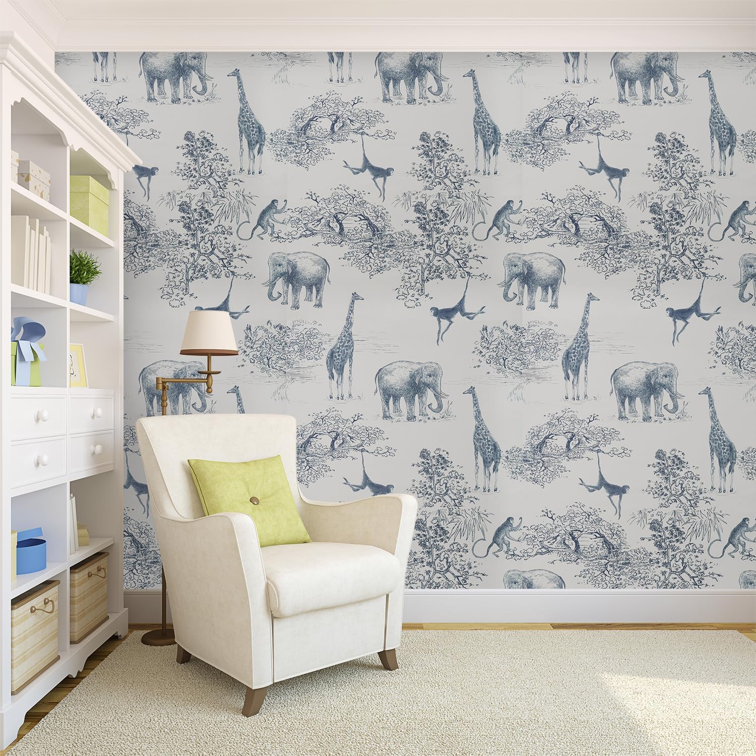 Animal Pattern Peel and Stick Wallpaper - 17.5"x500" Extra Long Blue White Vinyl, Self-Adhesive Removable Wallpaper for Kids Room, Furniture - DIY Friendly
