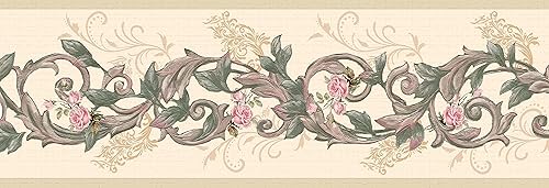 Miniatura 5 de Dundee Deco Papel tapiz con borde para despegar y pegar DDAZBD9125, flores florales verdes y rosadas sobre bordes de pared, diseño retro, 15 pies x