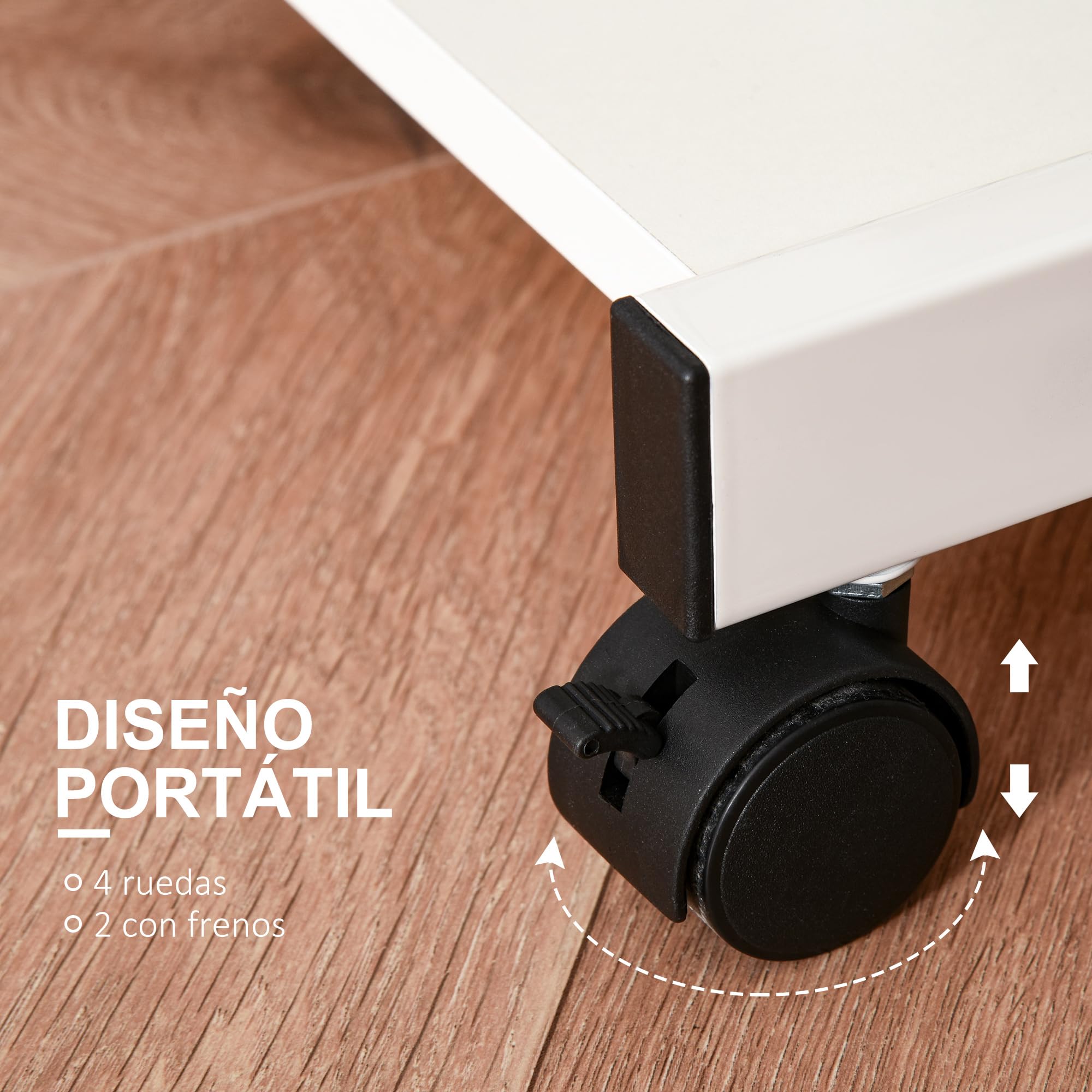 HOMCOM Mesa de Ordenador con Ruedas, 60x48 cm, Escritorio de Ordenador Moderno con Bandeja Deslizante para Teclado y Estante Inferior, Marco Metálico en Forma de Z, para Oficina, Estudio, Blanco
