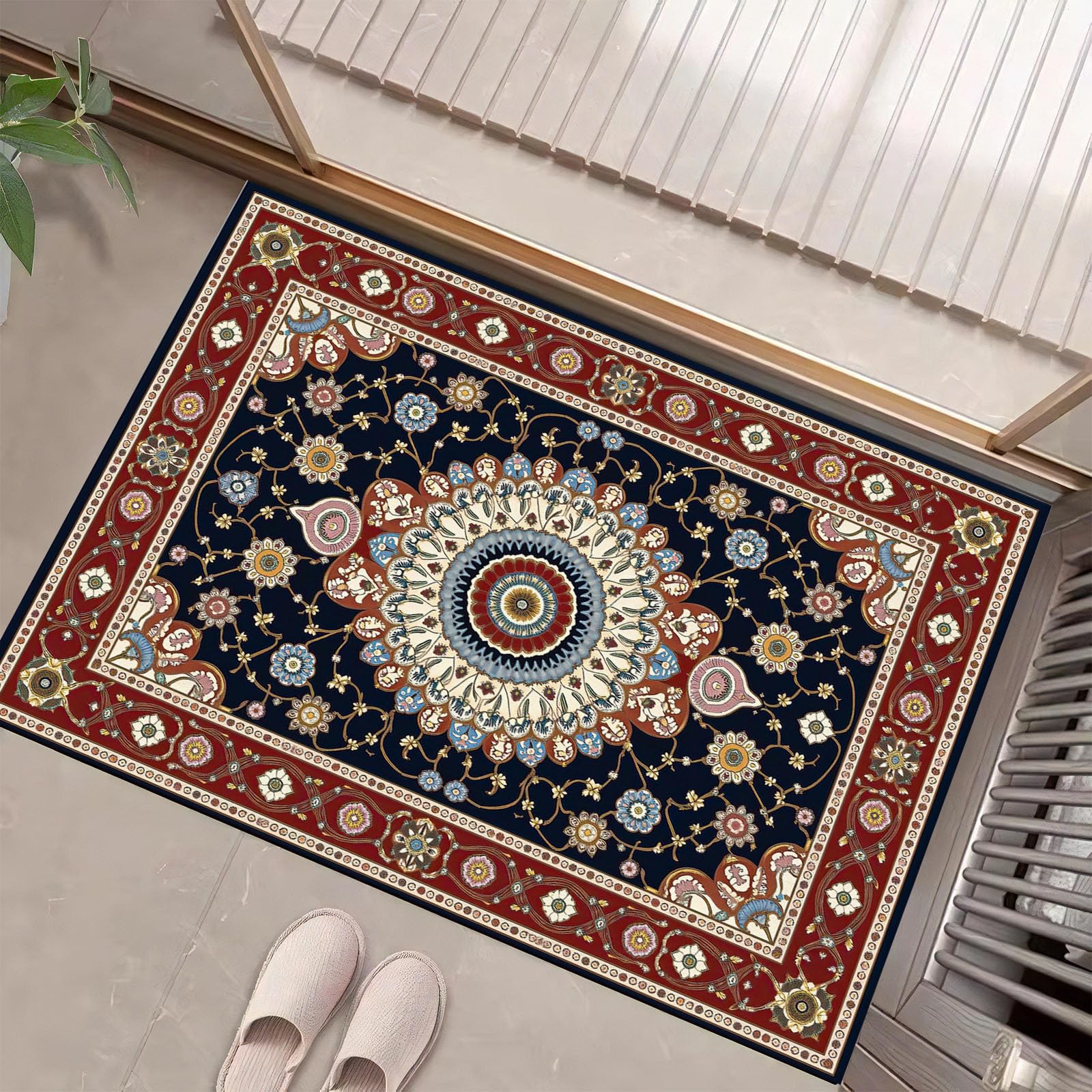 Tapis d'entrée intérieur antidérapant rouge 80x120 cm avec motifs mandalas