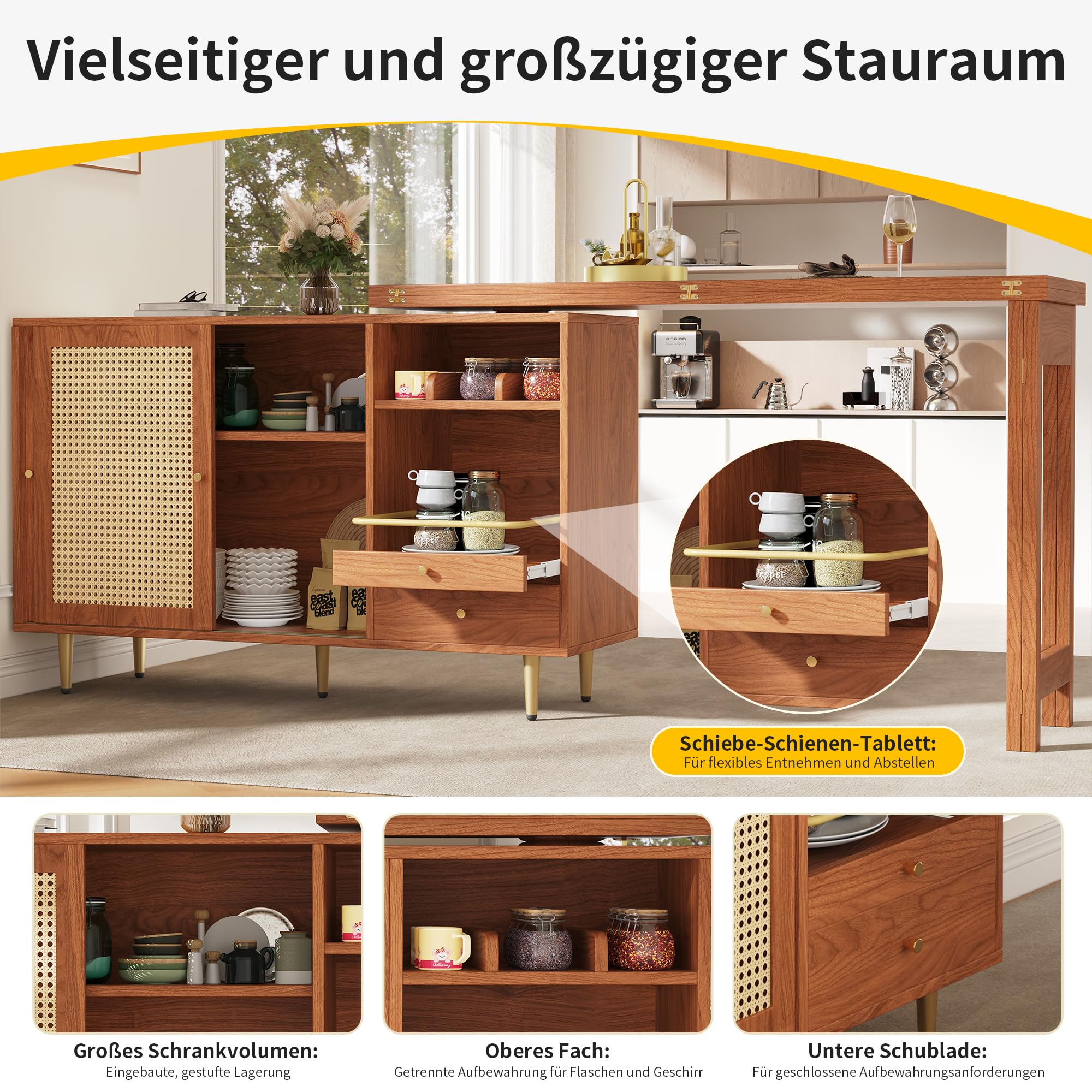 Merax Ausziehbarer Bartisch mit Stauraum, Um 360° drehbarer Stehtisch mit klappbarem Esstisch, schwarzer ausziehbarer Design-Stehtisch, mit Rattantür & Lagerregal, Braun/120-187X80X76CM