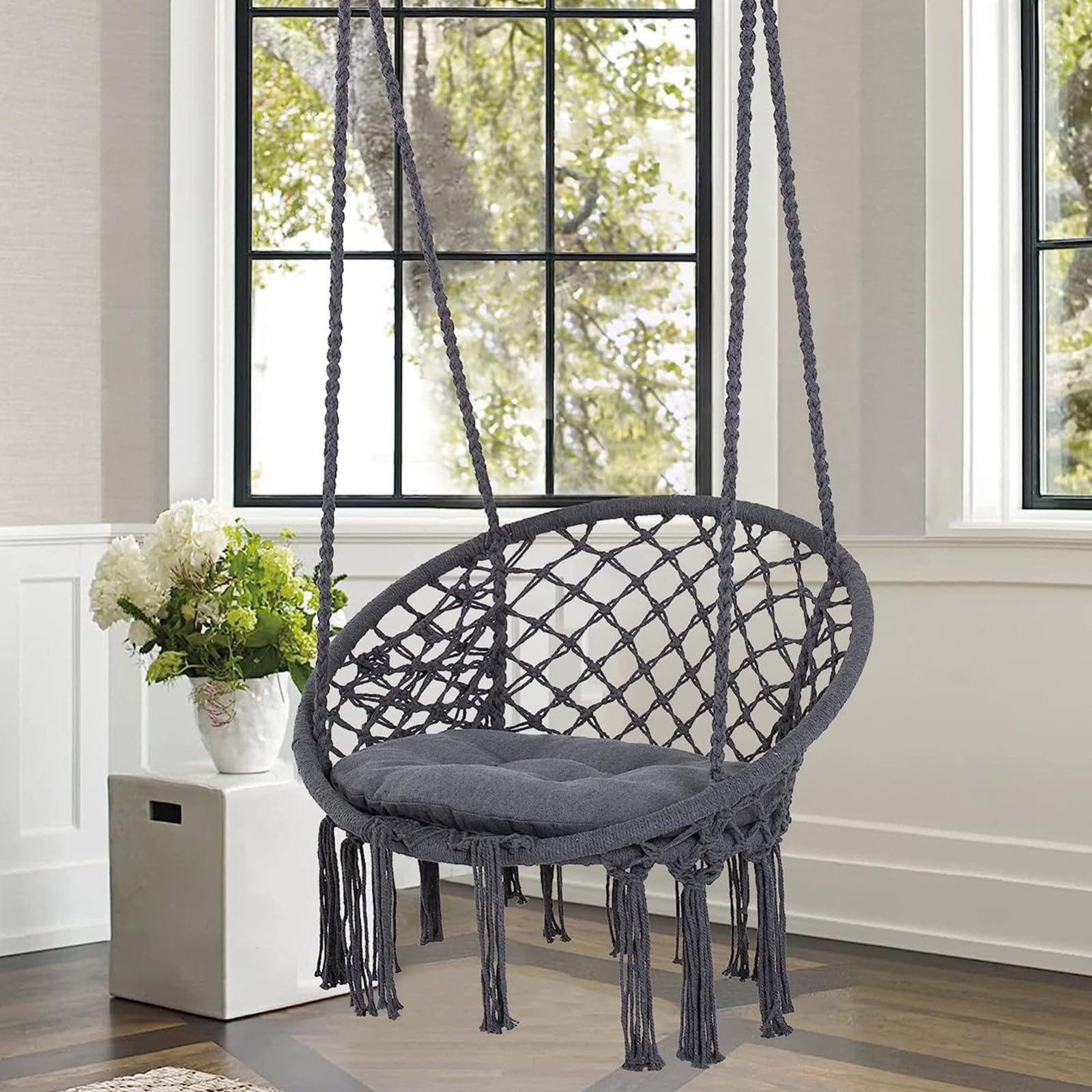 Sedia Amaca In Macramè Con Sedile, Amaca Con Corde Di Cotone E Fiocchi Per Interno Ed Esterno Grigio