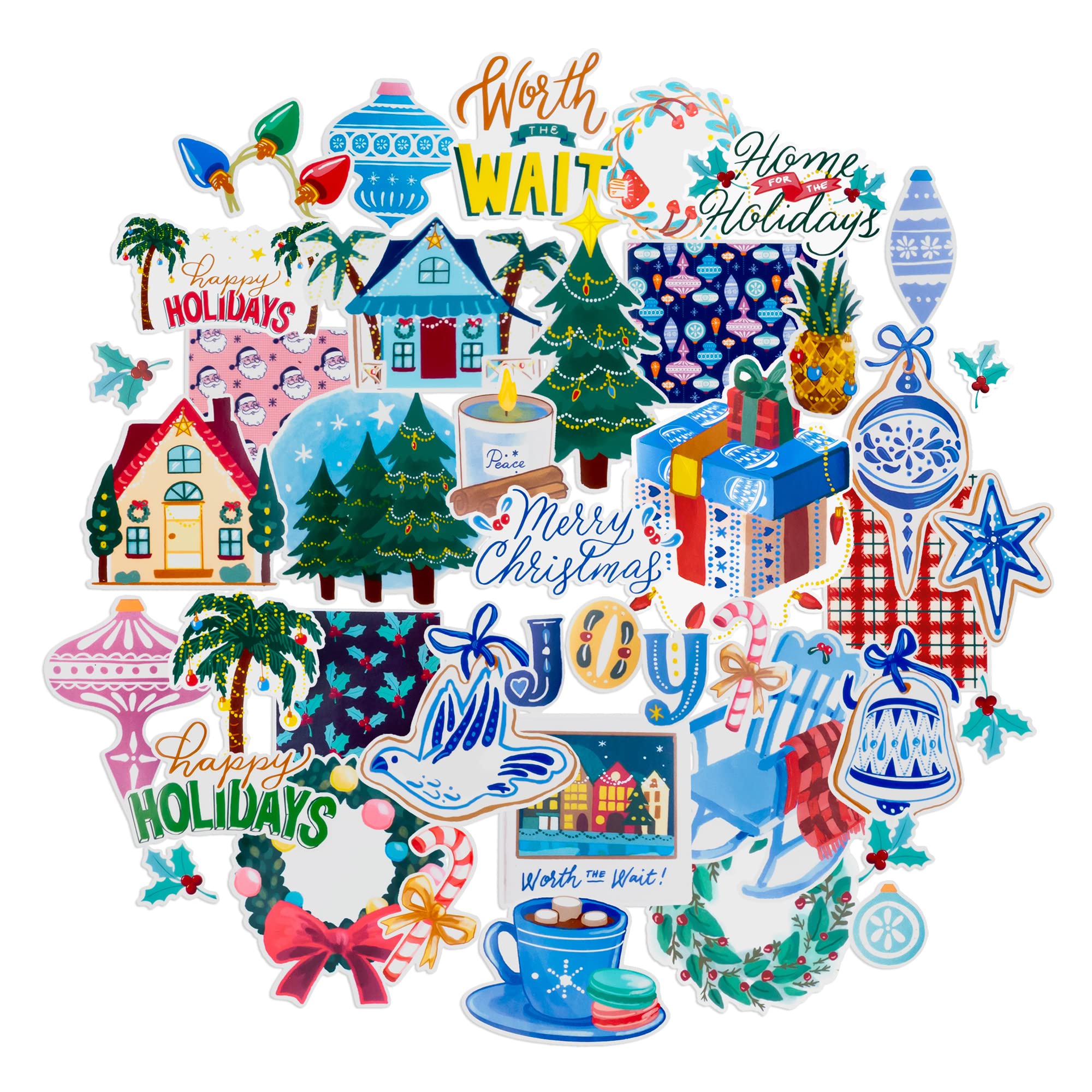 Navy Peony Juego de pegatinas navideñas tropicales (42 piezas) – lindo, impermeable, duradero, pegatinas dibujadas a mano para diarios y álbumes de recortes, pegatinas navideñas para manualidades,