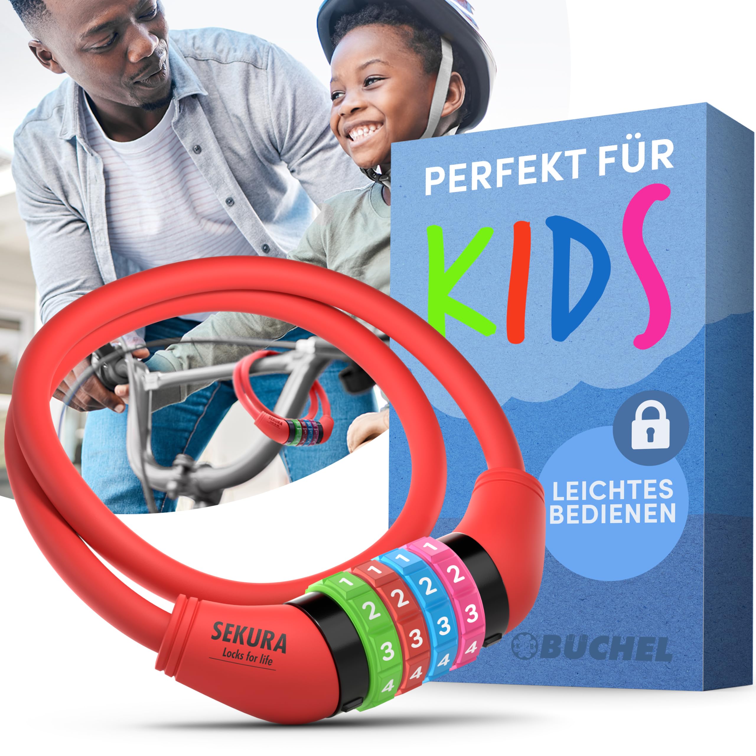 bã¼chel bike locks cable for kids - colorful & keyless - secure your child's bike - easy-to-use bicycle accessory, high security 5 digit resettable combination coiling bicycle lock, anti theft
