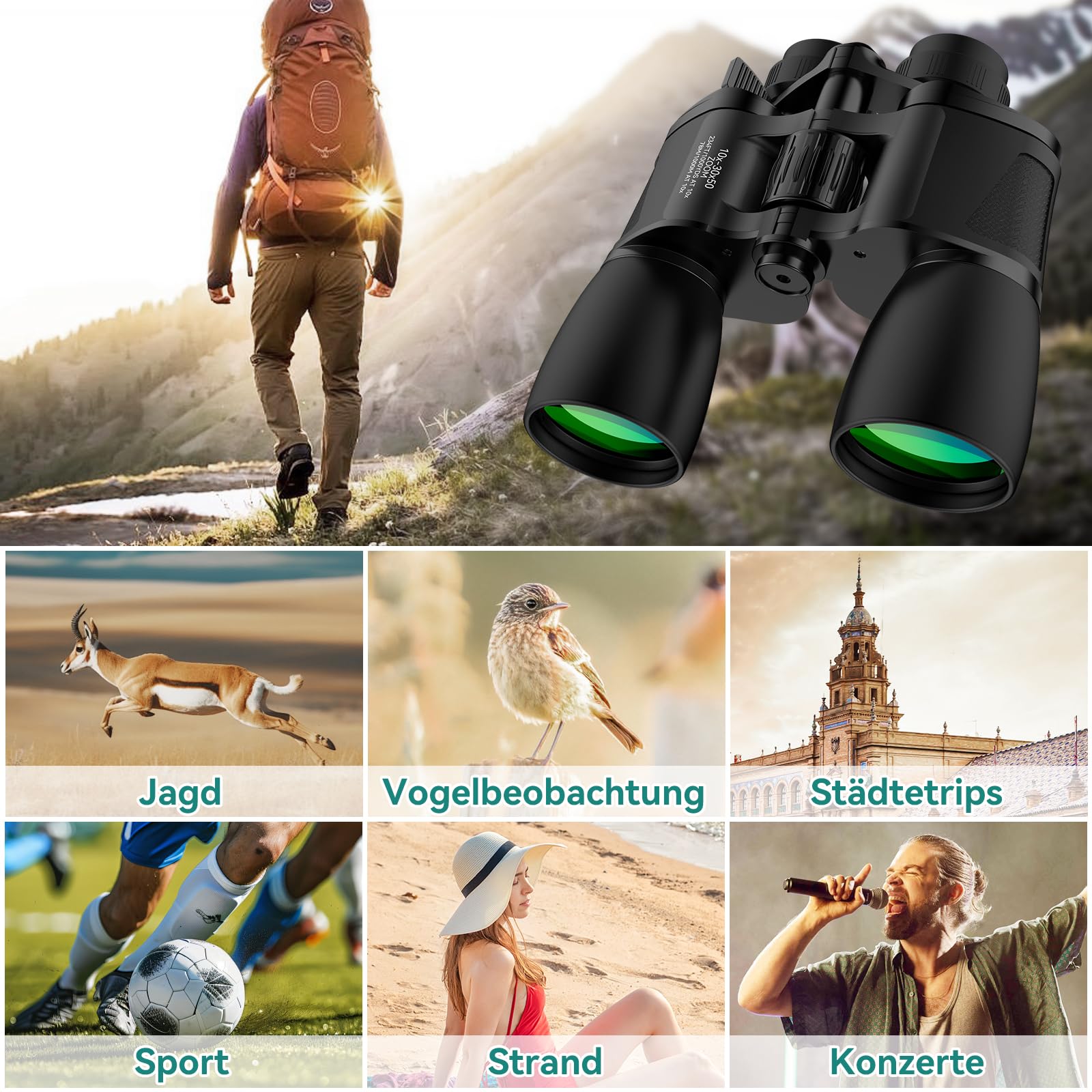 MLight 10-30x50 Zoom-Fernglas für Erwachsene, leistungsstarkes Fernglas für Vogelbeobachtung, Jagd, Outdoor, Wandern, Konzerte, großes Sichtfeld, BK7-Prisma, FMC, Nachtsicht bei schwachem Licht