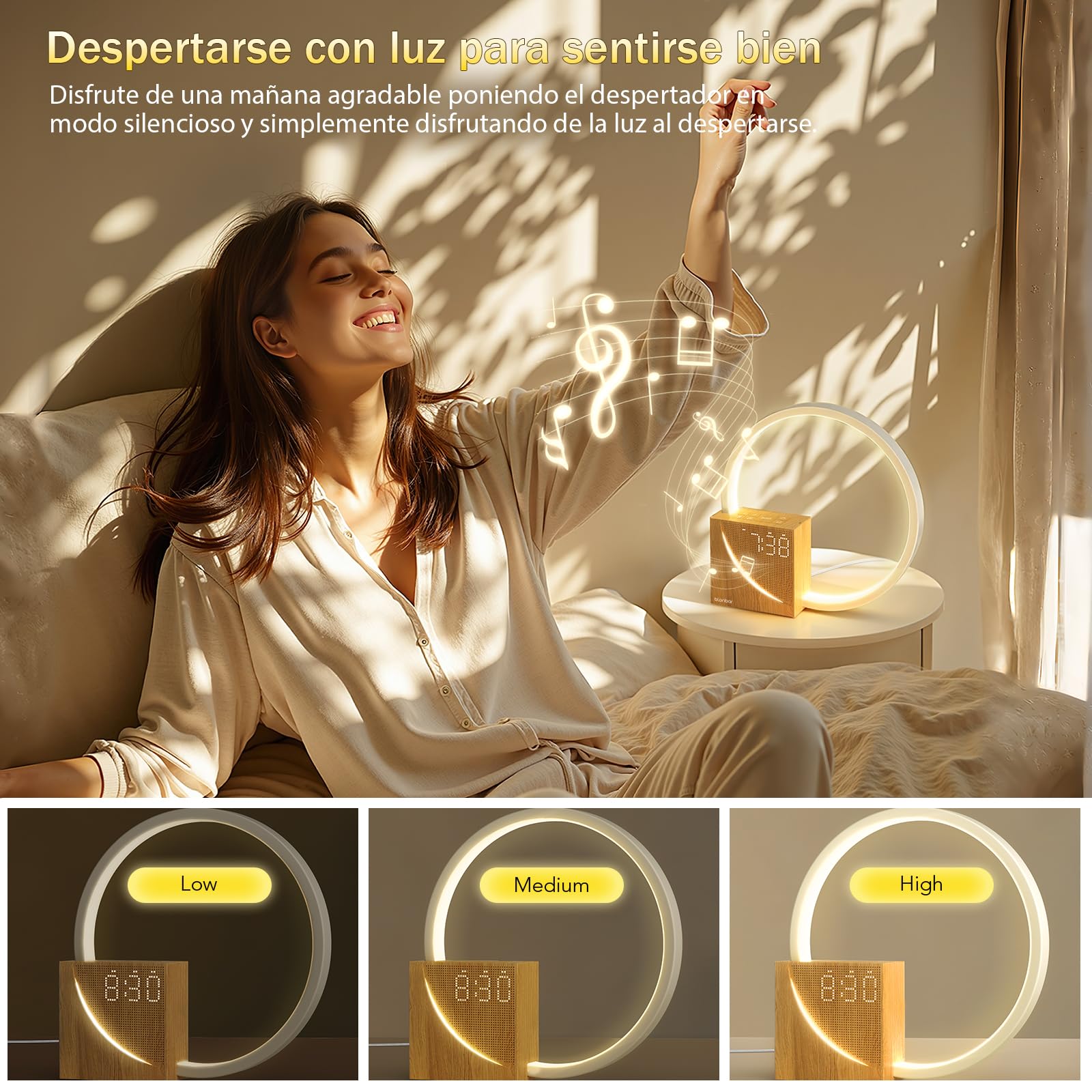 blonbar Despertador de Luz Natural de Cabecera 10W con Carga USB, Luz Nocturna Táctil de 3 Niveles de Brillo, Ayuda para el descanso de adultos y bebés