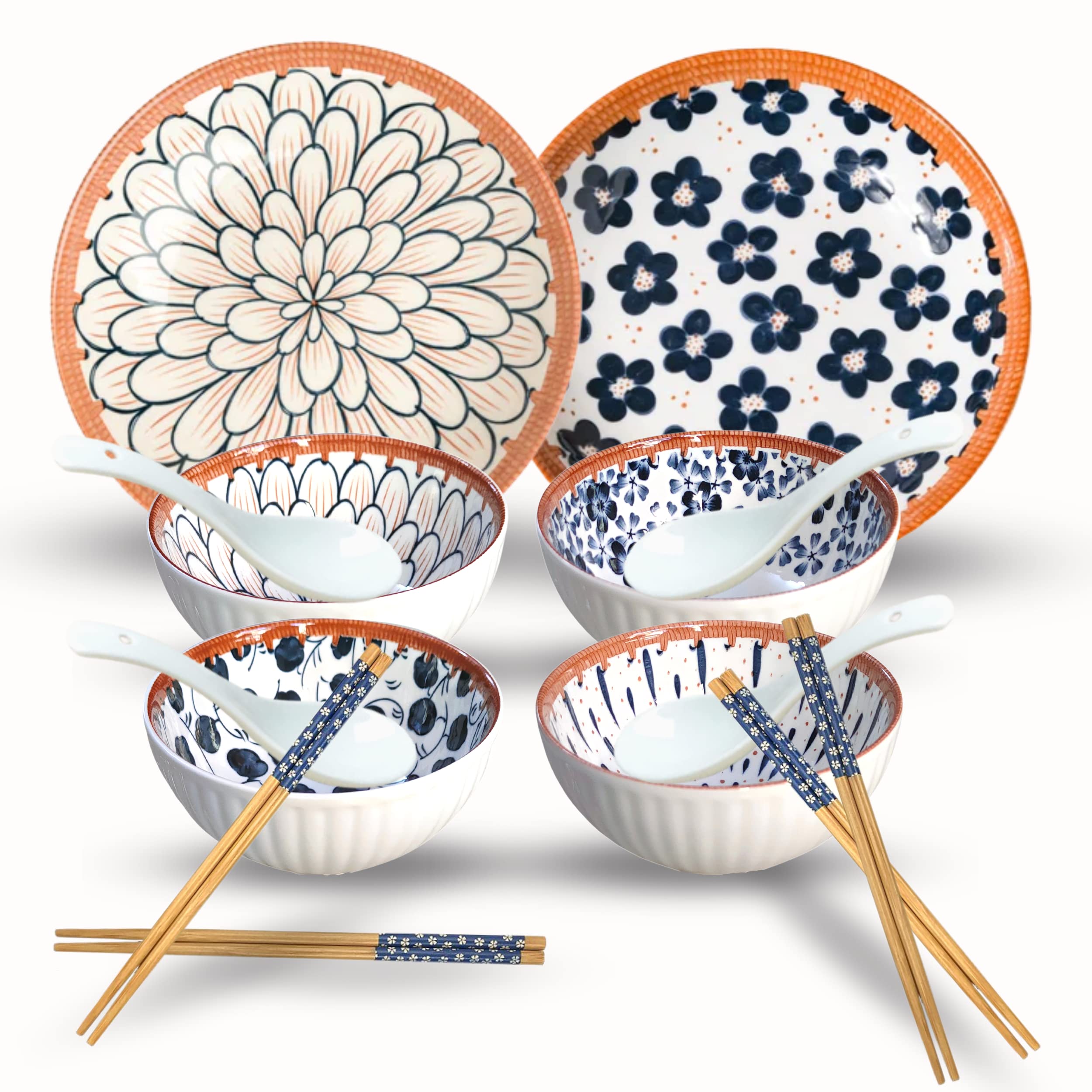 UniKart Japanese Ramen Porcelain Dinner Set with 4 Soup Bowls | 4 Soup Spoons | 4 Chopsticks | 2 Plates | Microwave Safe for Lunch, Dinner, Festive Gifts (14 pcs)