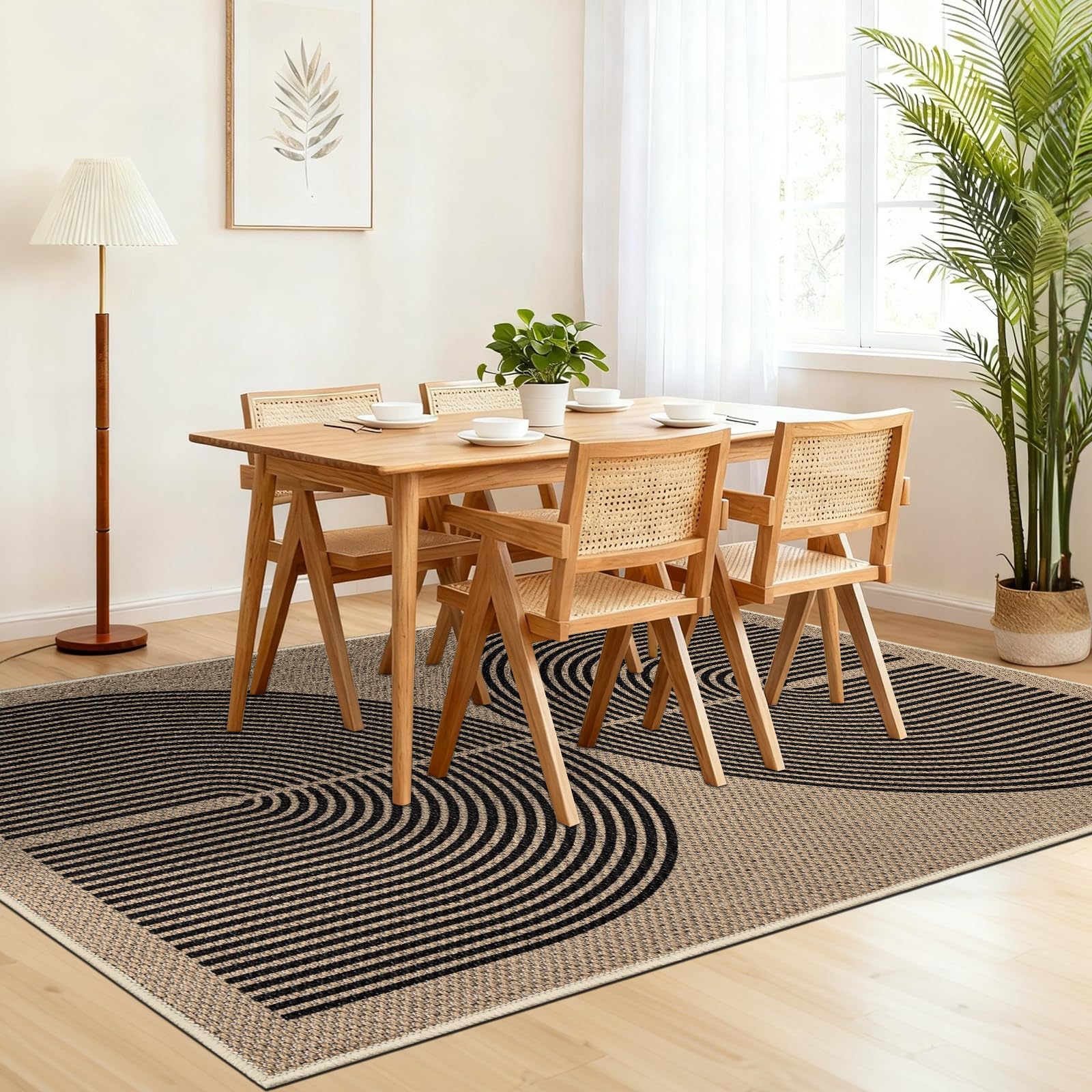 Capslpad Alfombra para salón, 160 x 230 cm, aspecto de yute, alfombra de cocina, lavable natural, alfombra negra, antideslizante, para dormitorio, balcón, entrada, comedor, oficina, decoración
