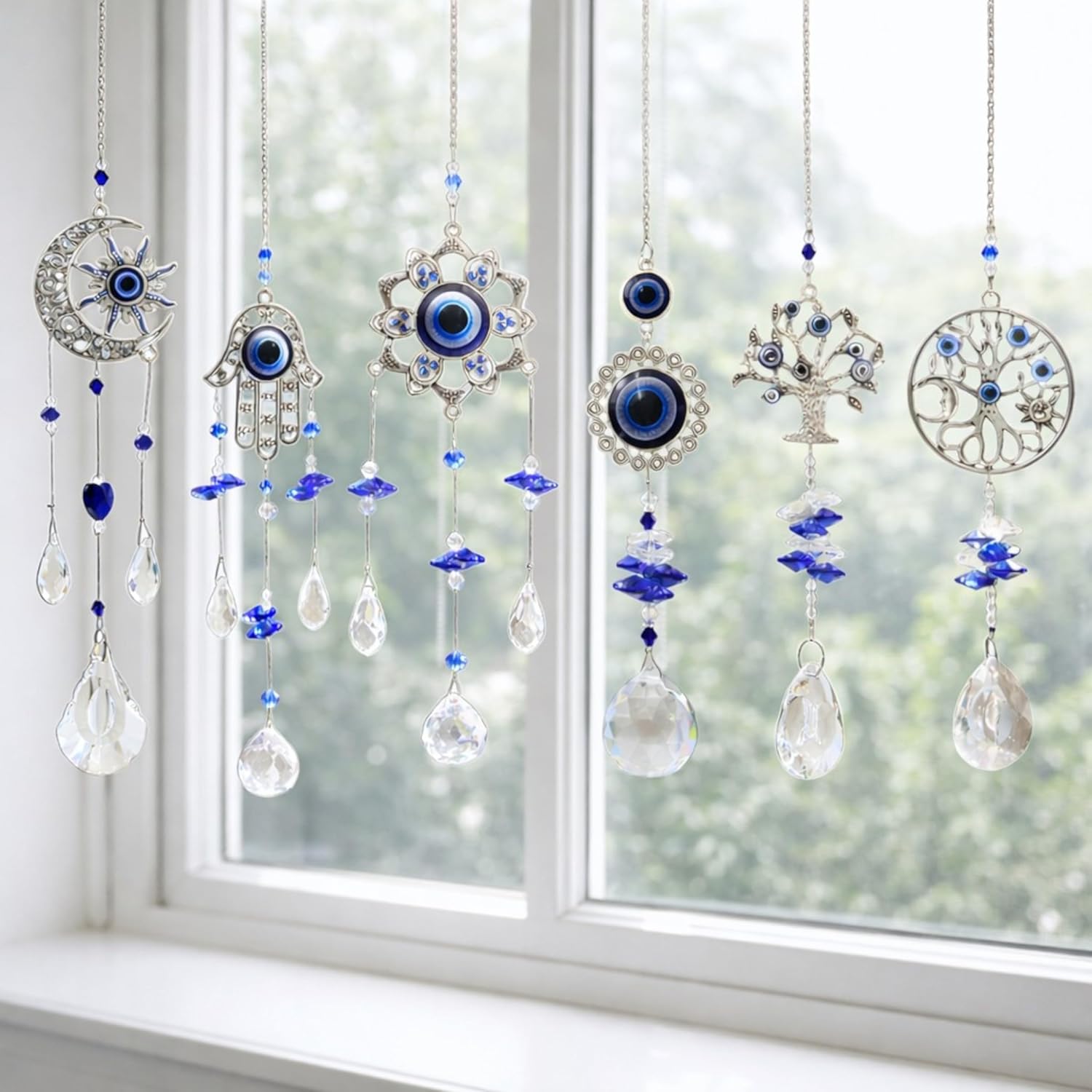 Blue Eye Design Hanging Crystal Suncatcher Ornaments Set of 6, Metal and Glass Decorative Window Pendants with Faceted Acrylic Drops