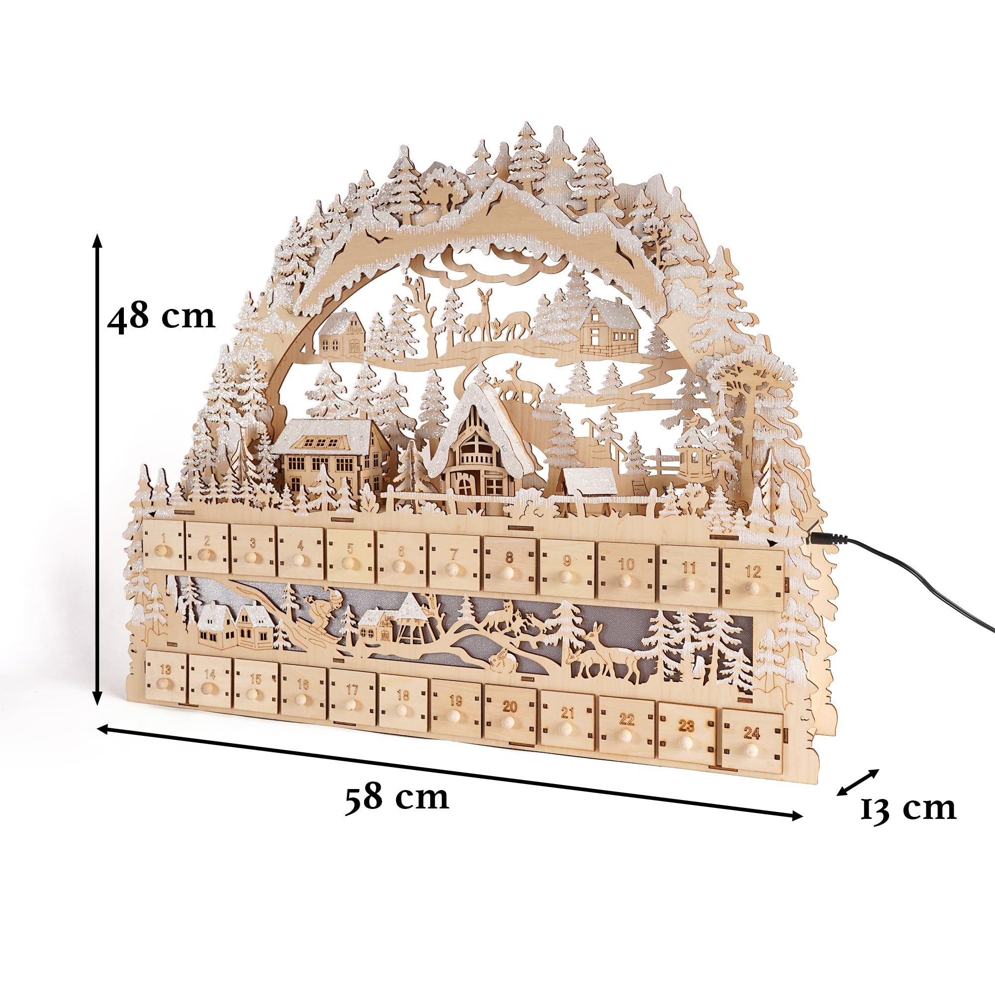 HGD - LED XL-Lichterbogen mit Adventskalender - Weihnachtsdeko aus Holz mit Timerfunktion - Weihnachtskalender zum Befüllen, 24 Schubladen für kleine Überraschungen, Geschenkidee - 58 x 48 x 13 cm
