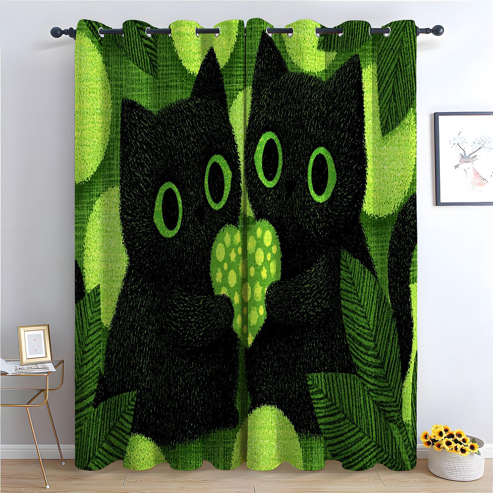 TERUEA Floral Curtains Two cute black animals green heart leaf Thermal Insulated Blackout Curtains Botanical Flower Print Pattern Window Drapes for Bedroom Living Room-52 W x 72" L (Pack of 2)