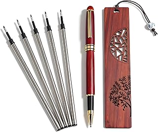 Wooden ballpoint pen,writing and signing pen, includes 5 refills and 1 wooden carved bookmark. teacher appreciation gifts, nice pens for writing，office pens(Beech Brown)