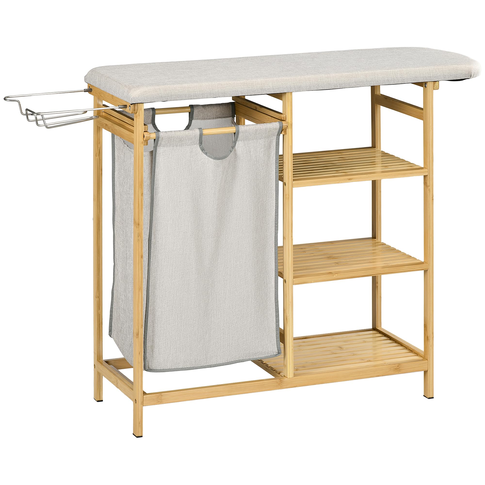 HOMCOM Cesto de Ropa Sucia 57,4L con Tabla de Planchar 113x34x82 cm Natural | Cesta Ropa Sucia de Bambú, Soporte para Plancha, 3 Estantes, Bolsa Extraíble, Estantería de Baño para Lavandería