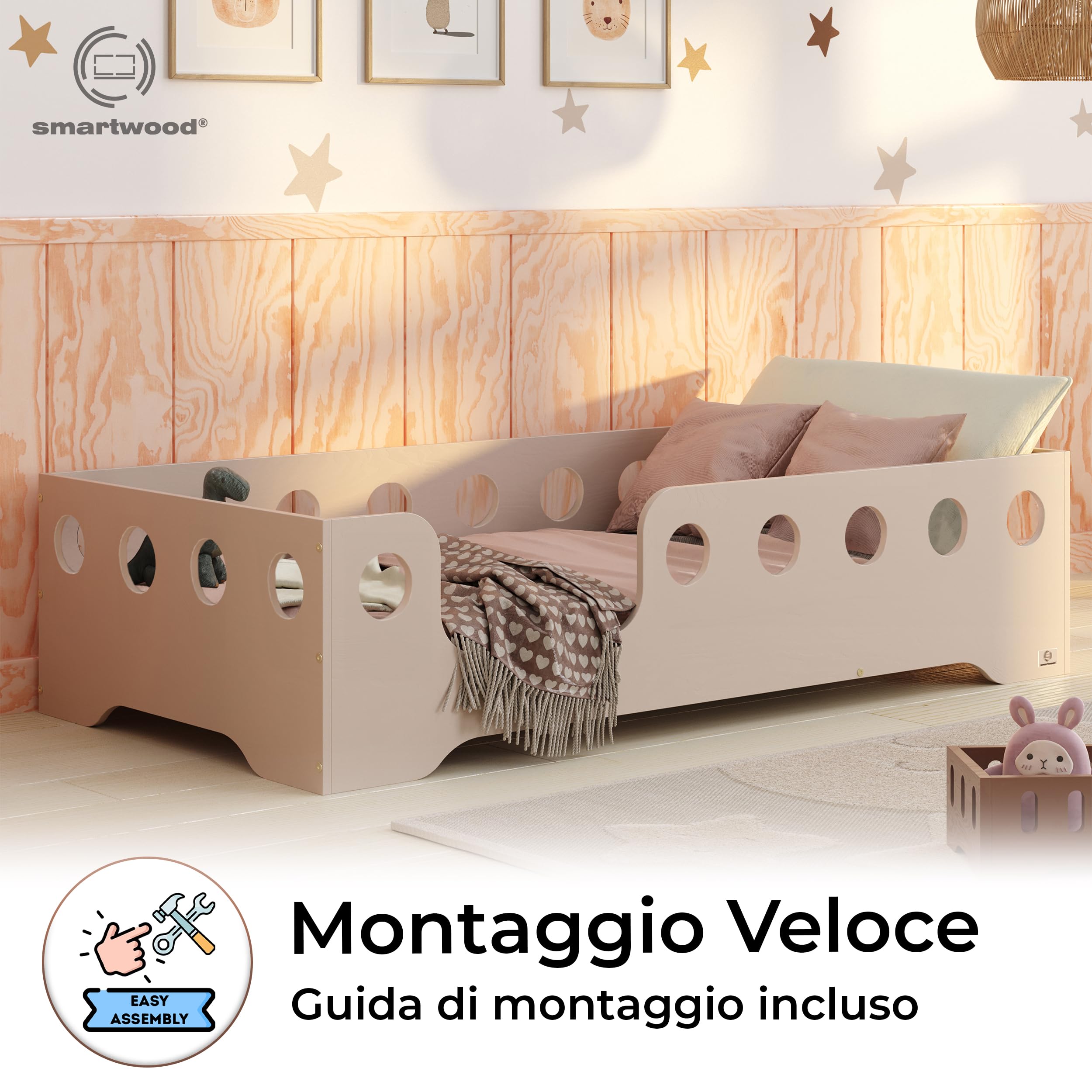 Letto Bambini Montessori SMARTWOOD 80x160cm - Con Sponde, Rete Doghe, Legno FSC, Montaggio Facile - Foto 6