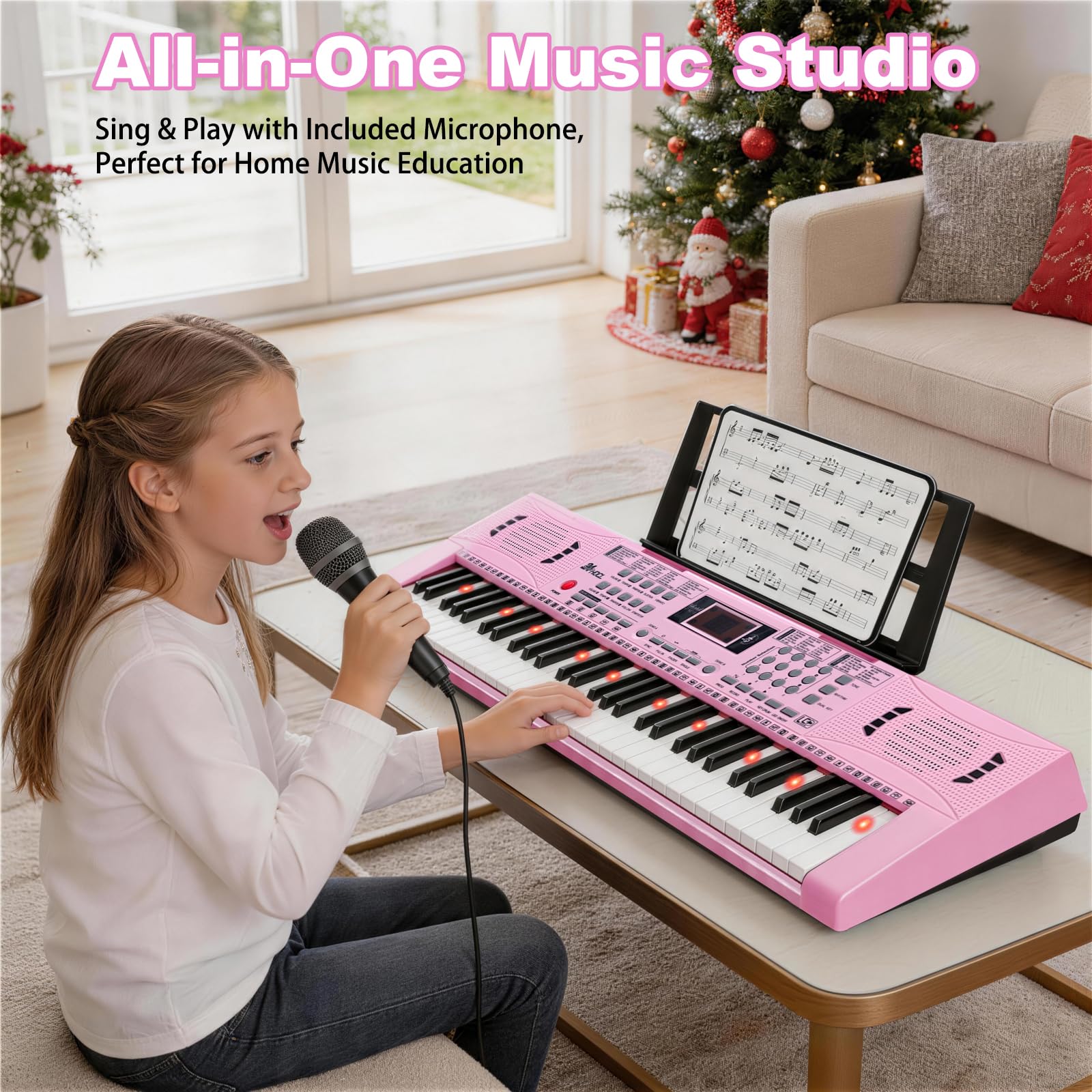 Elektronisches Keyboard Piano 61 beleuchtete Tasten für Kinder (Rosa) | Kids Keyboard Piano with 100 Voices, 100 Rhythms, Built-In Speaker, Microphone, Sheet Stand and Power Supply for Beginners