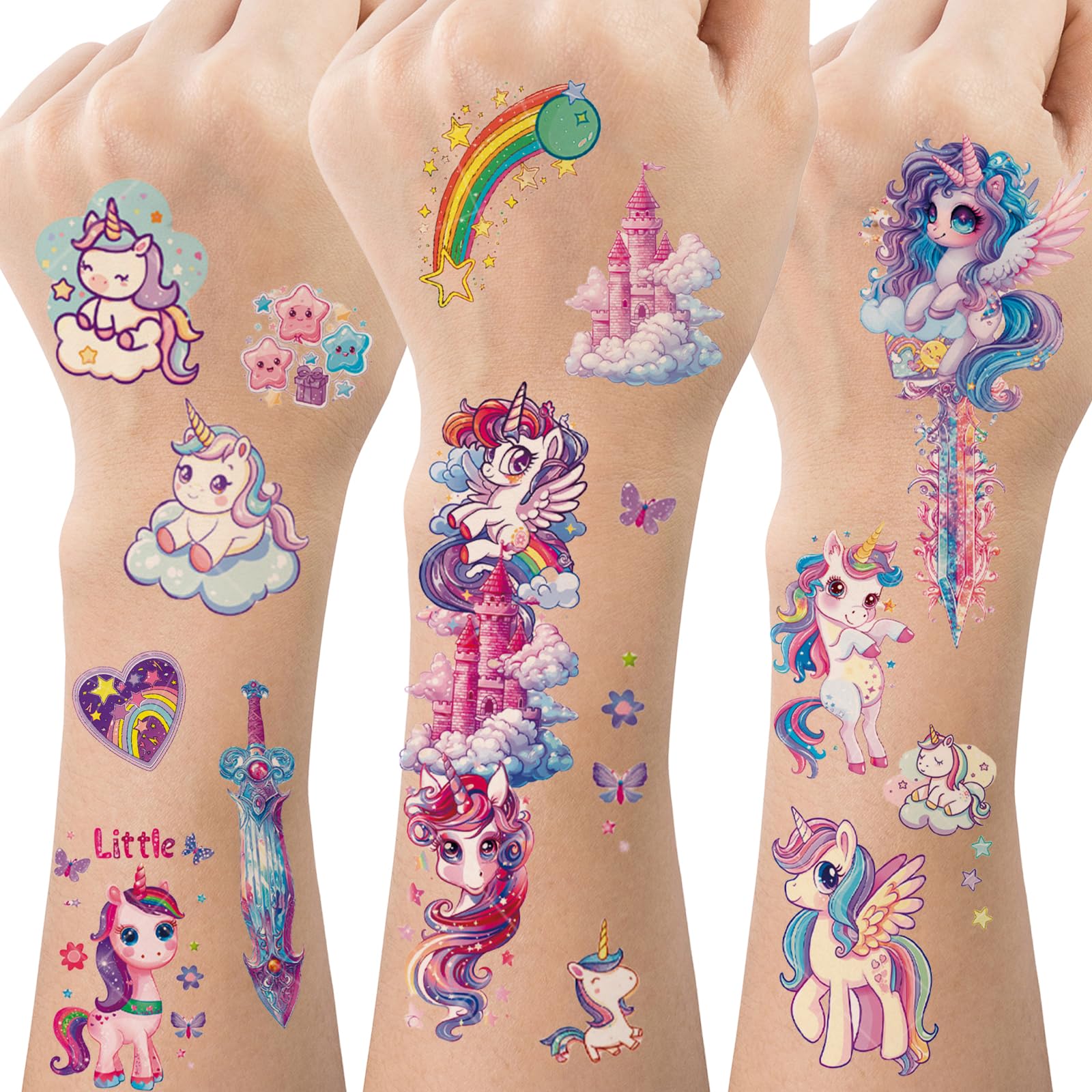 Calkrer 12 hojas de tatuajes de unicornio con purpurina, temporales para niños, tatuajes arco iris para niñas, maquillaje con purpurina mariposa accesorios de regalo para fiestas de hadas.
