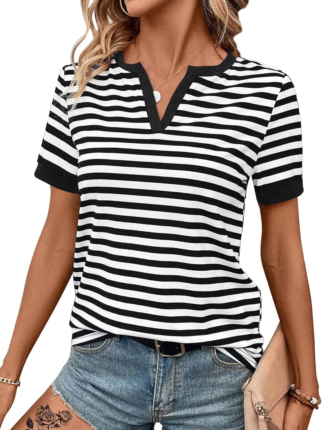 LilyCoco Women's Striped Shirt Short Sleeve Color Block Tops Notched Neck Summer Tee