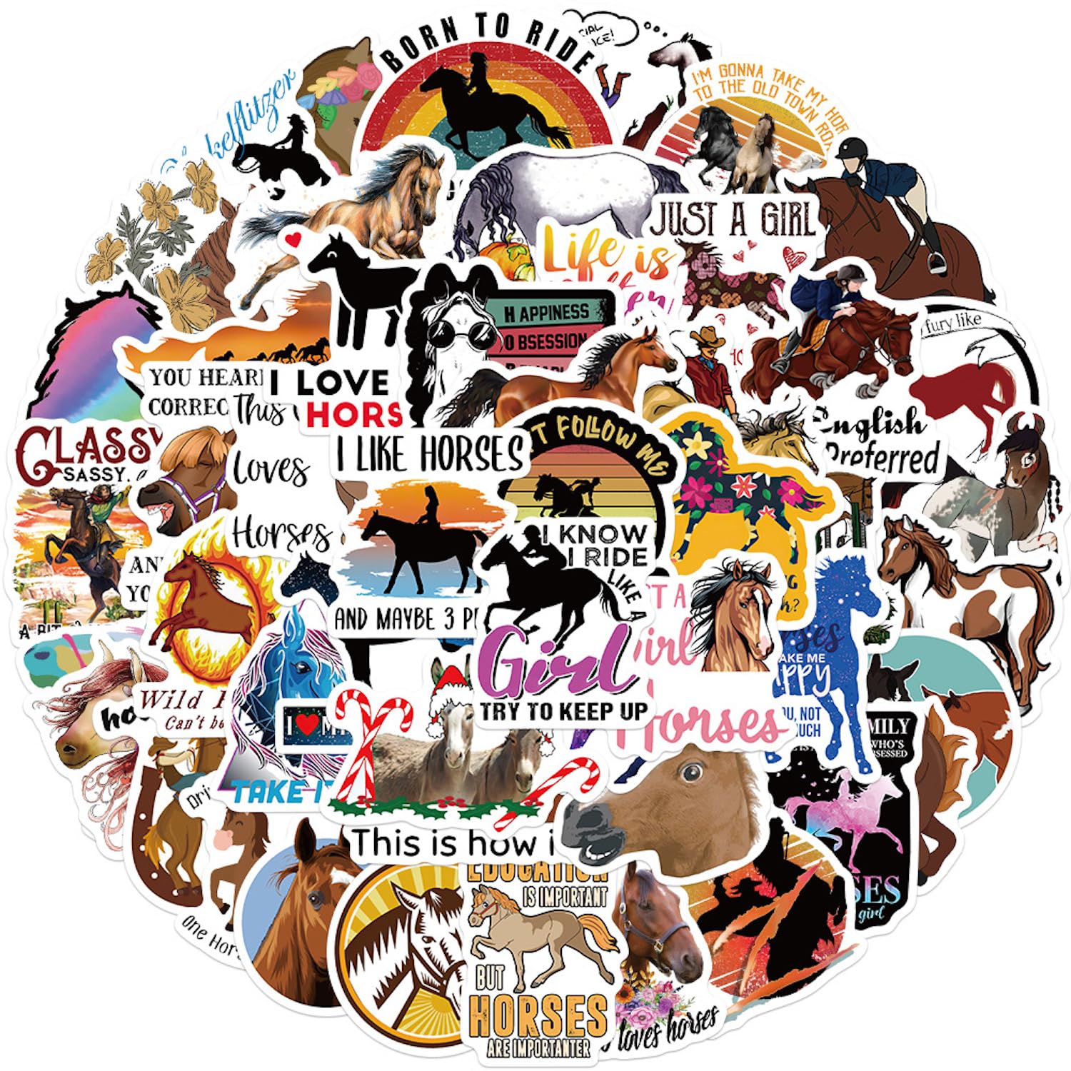 50Pcs Pack Horse Stickers Horse Style PVC Waterproof Vinyl Stickers Decals for Decor Party Car Laptops Water Bottle Helmet Refrigerator Stickers