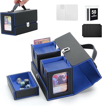 Commander Deck Box for MTG,3 IN 1 Card Storage Box Holds 200+ Double-Sleeved Cards for TCG/PTCG,Card Deck Case with Portable Handle & Display WindowsBlack/Blue