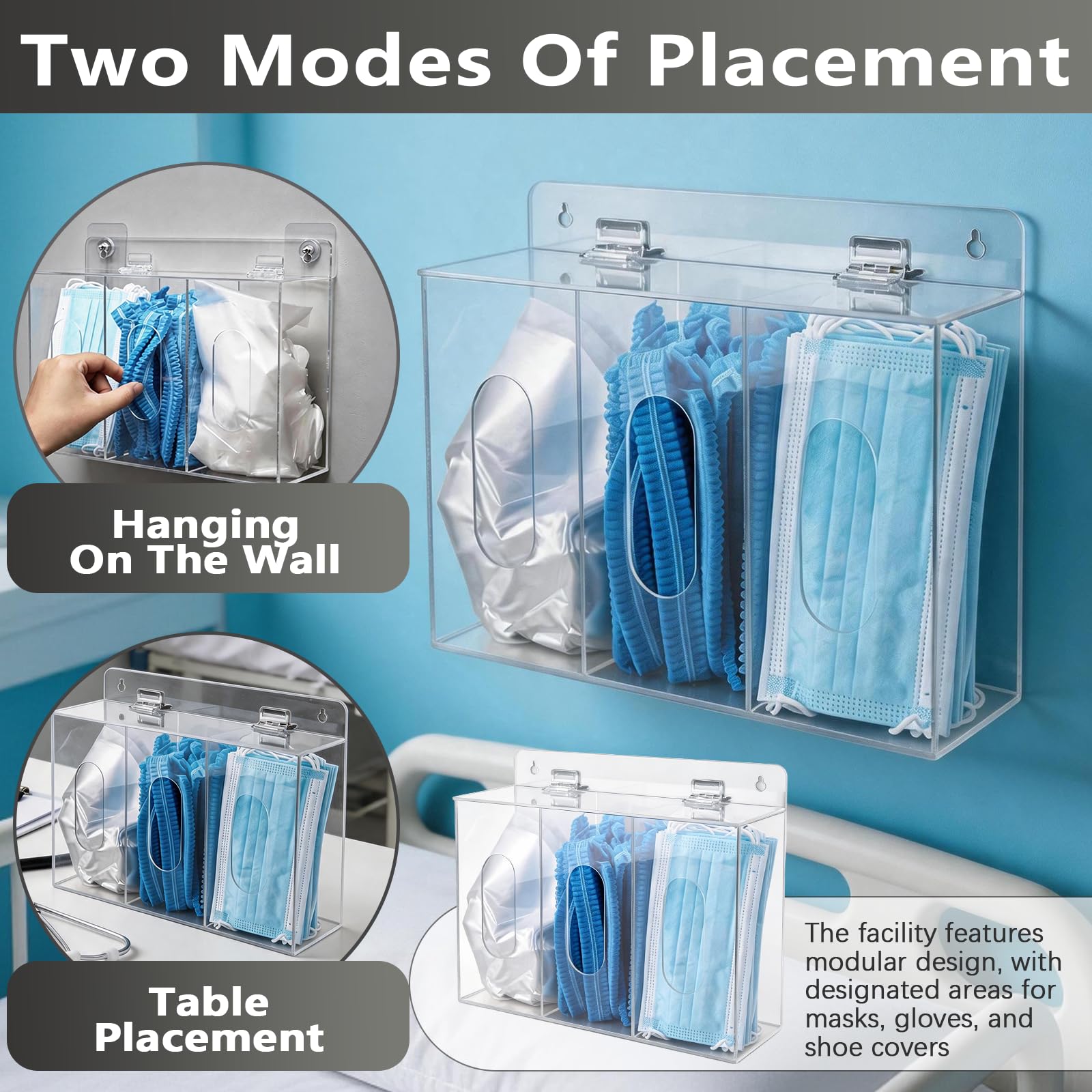 Distributeur de Masques Faciaux, Distributeur de Masques et de Gants Jetables en Acrylique avec Couvercle avec 3 Compartiments Conteneur de Rangement à Fixation Murale pour Gants Jetables