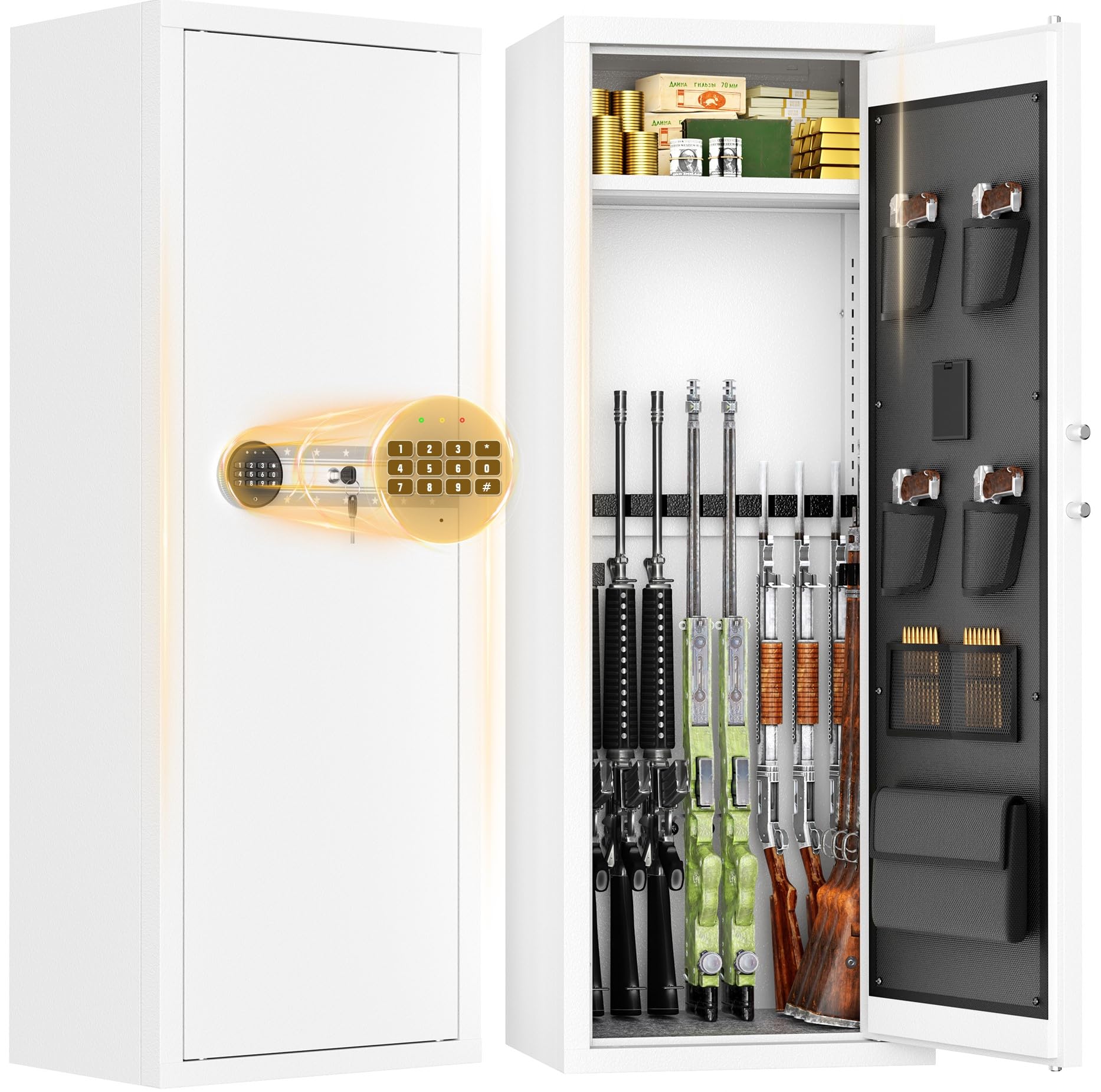 INTERGREAT 12-15 Gun Safe, Large Gun Safe for Rifles and Pistols, Quick Access Rifle Safe with 3 Removable Gun Racks and 4 Pistol Pockets, Digital Gun Cabinet with Dual Alarm(White)