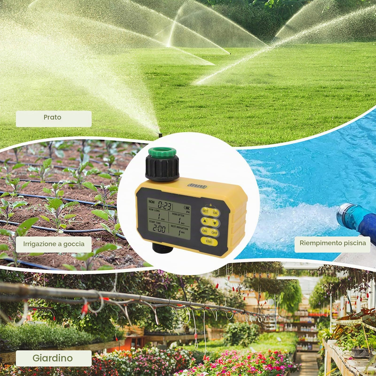 Timer di Irrigazione del Pannello Solare, Timer D'acqua Intelligente con Sensore Pioggia, Controller di Irrigazione Valvola di Irrigazione Automatica per Prato Tubi Giardino