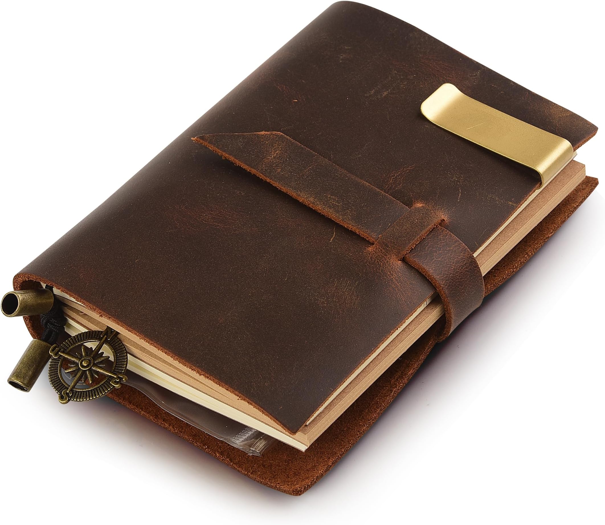 Classic Genuine Leather Notebook – 5.3" × 4" Refillable Pages Leather Journal – 100% handmade & Personalized - Vintage Diary - Daily Use & Traveler's Notebook - Retro Journal Bound Notebook(Style# 12S) (Refill books 13.5cm × 10cm)