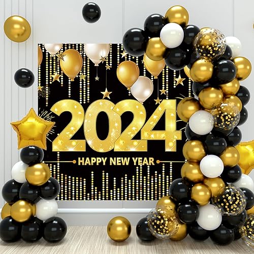 Miniatura 1 de Decoraciones de Año Nuevo 2024  Kit de arco de 100 globos negros y dorados, pancarta de Feliz Año Nuevo 2024, arco de guirnalda de globos negros y