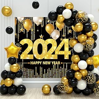 Happy New Year Decorations 2024 - Happy New Year Banner Backdrop, 100 Pcs Black Gold Balloons Arch Kit for New Years Eve Party, New Year Gifts , Black Gold New Years Eve Party Decorations 2024
