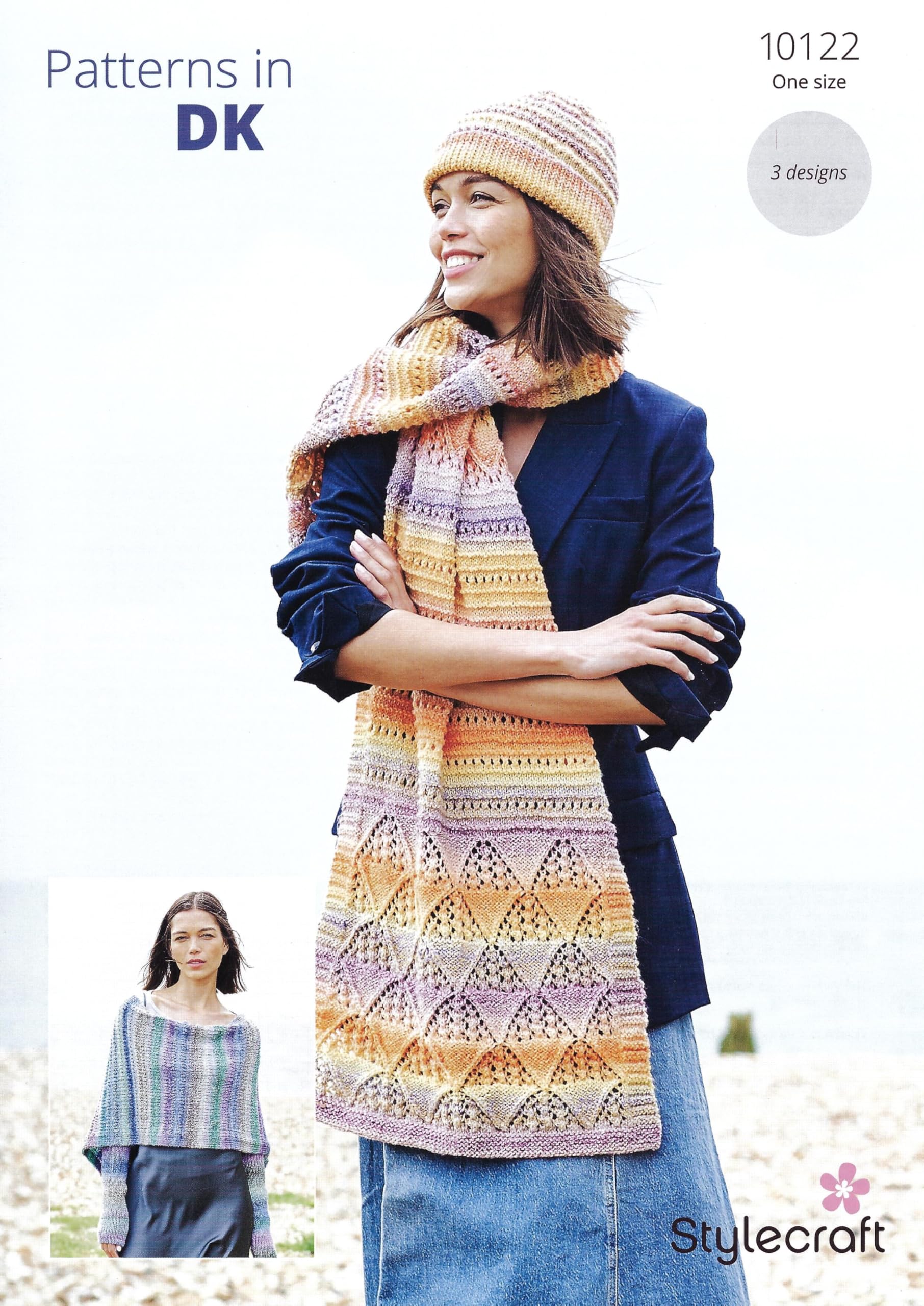 Stylecraft Knitting Pattern 10122 – Ladies Beanie Hat, Wrap & Shawl (3 Designs) in Double Knit Yarn