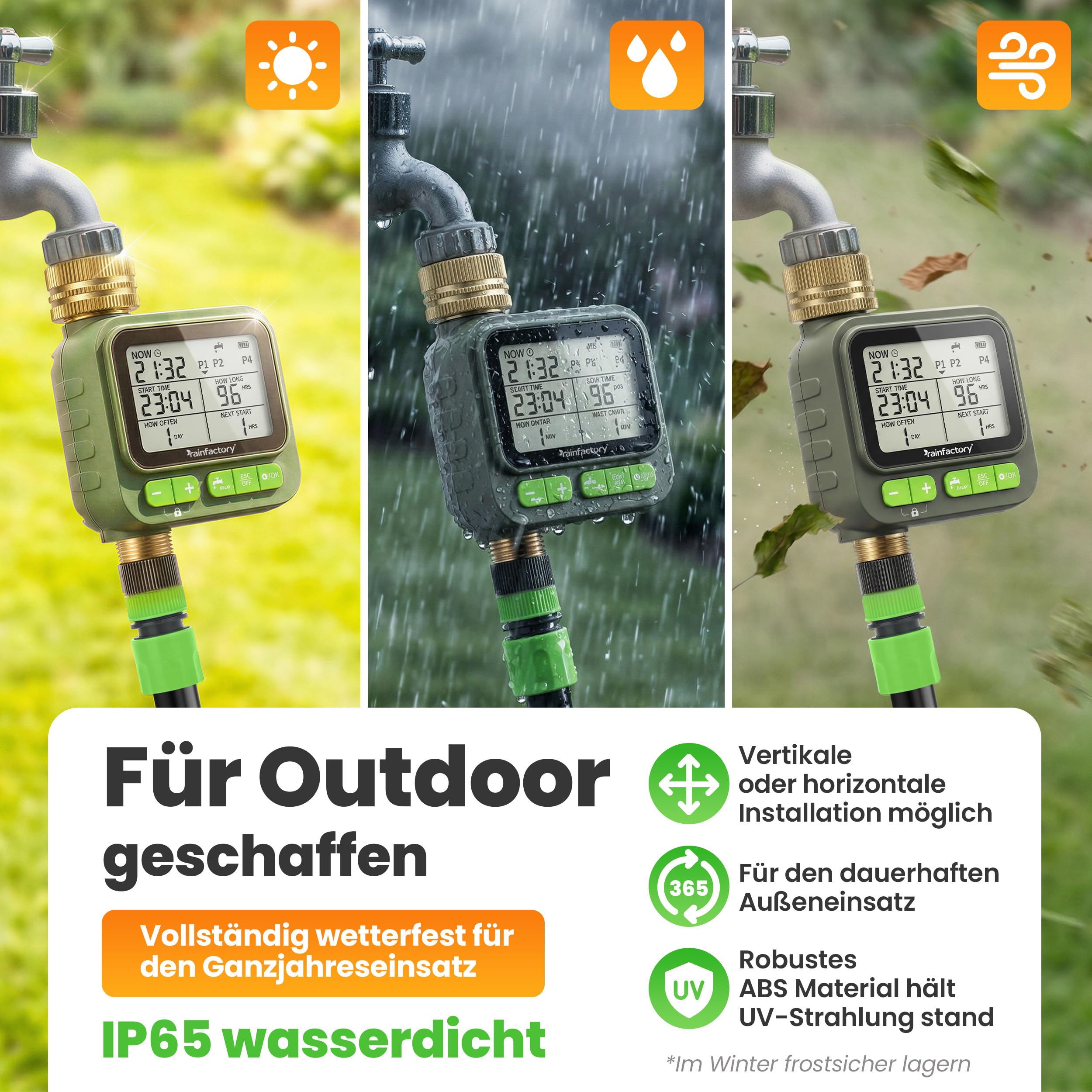 rainfactory Bewässerungscomputer mit Fernbedienung - automatische Bewässerungssteuerung für Garten - Bewässerungsuhr mit 4 Programmen, Delay - Wasser Zeitschaltuhr IP65, 3/4 Zoll für Rasen Beet & Topf