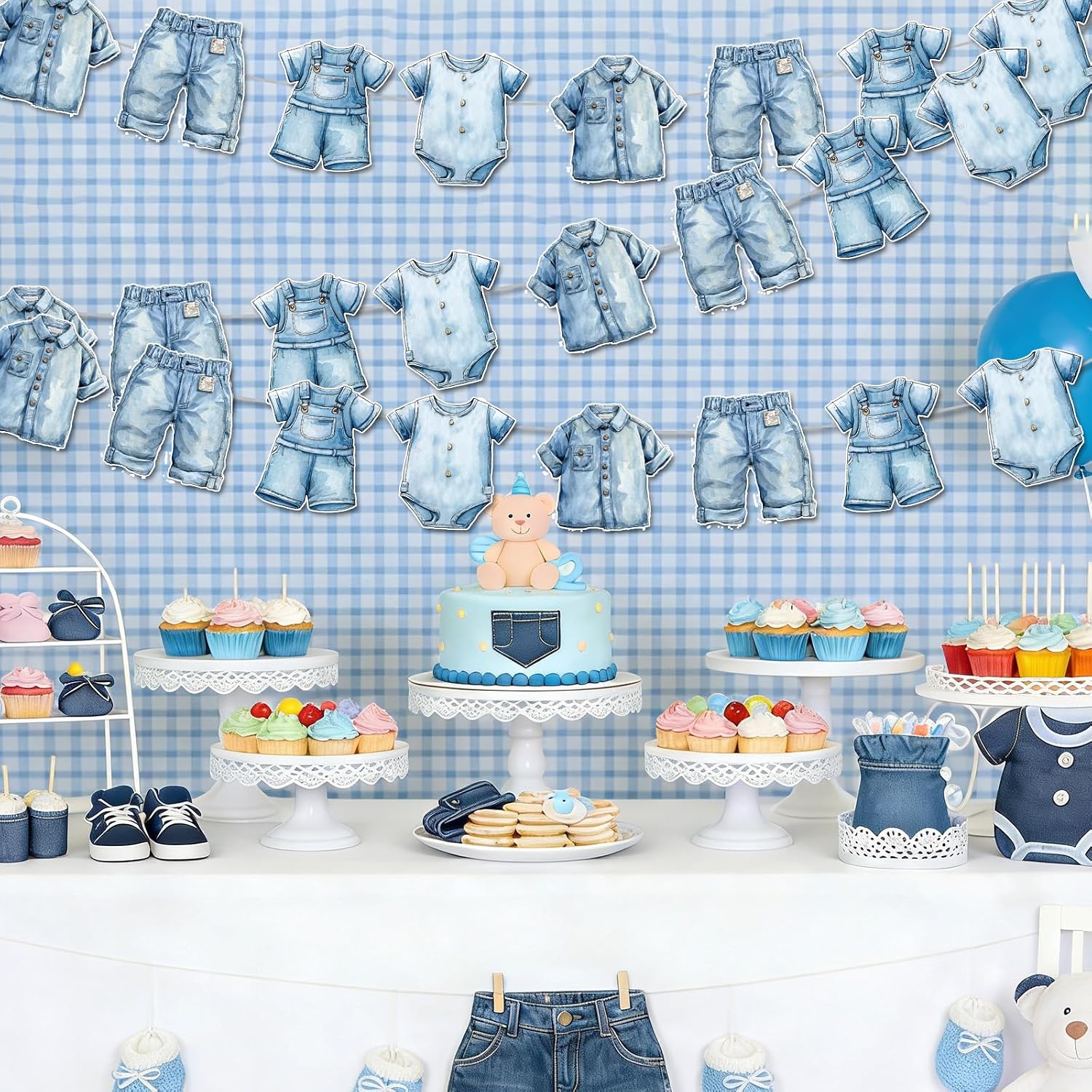 4 Pcs Blue Bodysuit Banner – Blue Jean Baby Shower Decorations for Gender Reveal Birthday or Neutral Party Decor Supplies