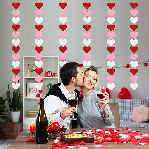 Miniatura 5 de Guirnalda de 72 corazones de fieltro rojo, rosa y blanco, NO DIY, decoración del día de San Valentín, guirnalda colgante de corazón para el día de